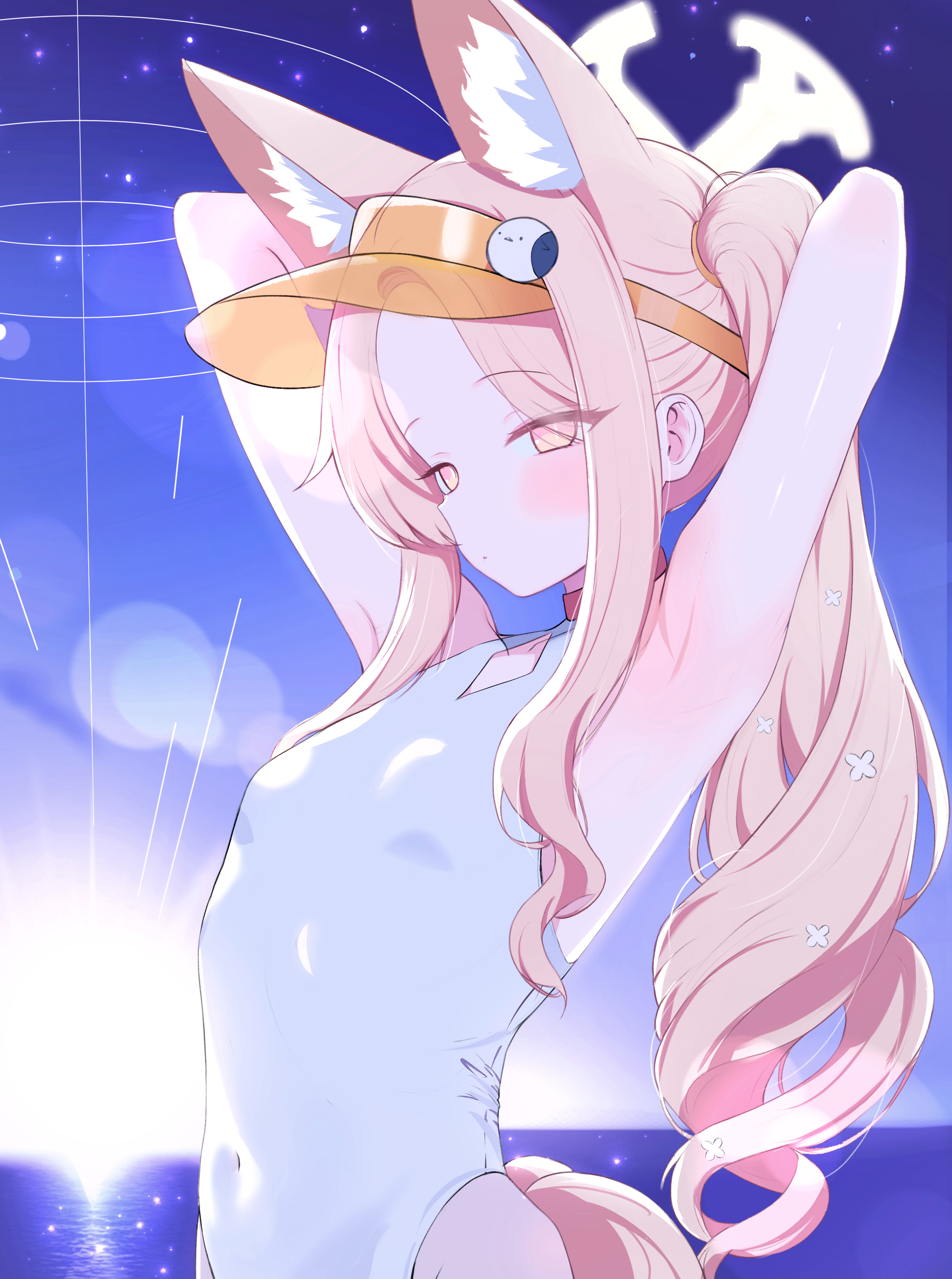 sss2056, seia (blue archive), seia (swimsuit) (blue archive), blue archive, absurdres, highres, 1girl, animal ear fluff, animal ears, armpits, arms behind head, arms up, beach, blonde hair, blush, breasts, covered navel, cross halo, dusk, fox ears, fox girl, fox tail, halo, highleg, highleg one-piece swimsuit, long hair, ocean, one-piece swimsuit, outdoors, side ponytail, sky, small breasts, solo, sun, sunset, swimsuit, tail, upper body, visor cap, white one-piece swimsuit, yellow eyes, yellow visor