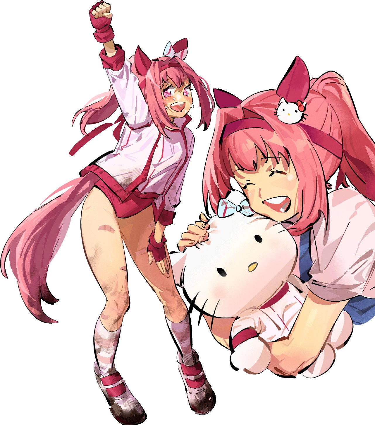 pdvl, haru urara (bestest prize) (umamusume), haru urara (umamusume), hello kitty (character), hello kitty, sanrio, umamusume, highres, 1girl, animal ears, arm up, bandaid, bandaid on leg, blue overalls, blush, bow, buruma, closed eyes, dirty, dirty clothes, doll, ear bow, ear covers, fingerless gloves, flower-shaped pupils, flower in eye, gloves, hair ornament, hairband, haru urara (casual) (umamusume), headband, holding, holding doll, horse ears, horse girl, horse tail, hugging doll, hugging object, jacket, long hair, open mouth, overalls, pink buruma, pink eyes, pink hair, pink headband, pink shirt, ponytail, red buruma, red gloves, red headband, shirt, shoes, short sleeves, simple background, smile, socks, striped clothes, striped socks, stuffed toy, symbol-shaped pupils, symbol in eye, tail, tears, white background, white jacket, white shirt