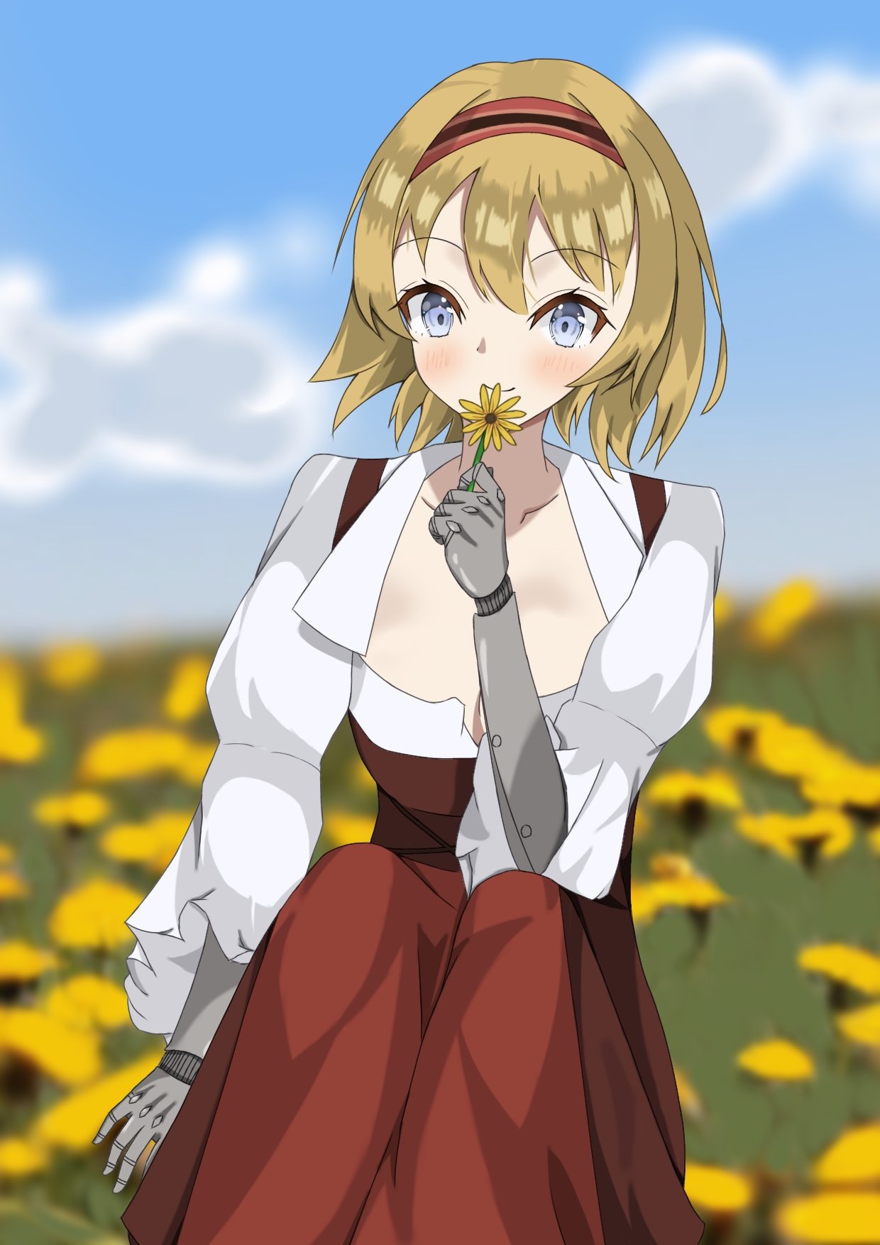 ilsa (grimms notes), grimms notes, highres, 1girl, blonde hair, blue eyes, breasts, closed mouth, makura13591712, smile, solo