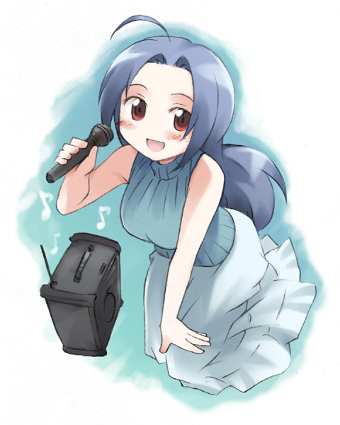 duke (inu daimyou), miura azusa, idolmaster, idolmaster (classic), idolmaster 1, 00s, ahoge, bare shoulders, blue theme, blush, full body, karaoke, microphone, music, singing, sleeveless, sleeveless turtleneck, solo, turtleneck