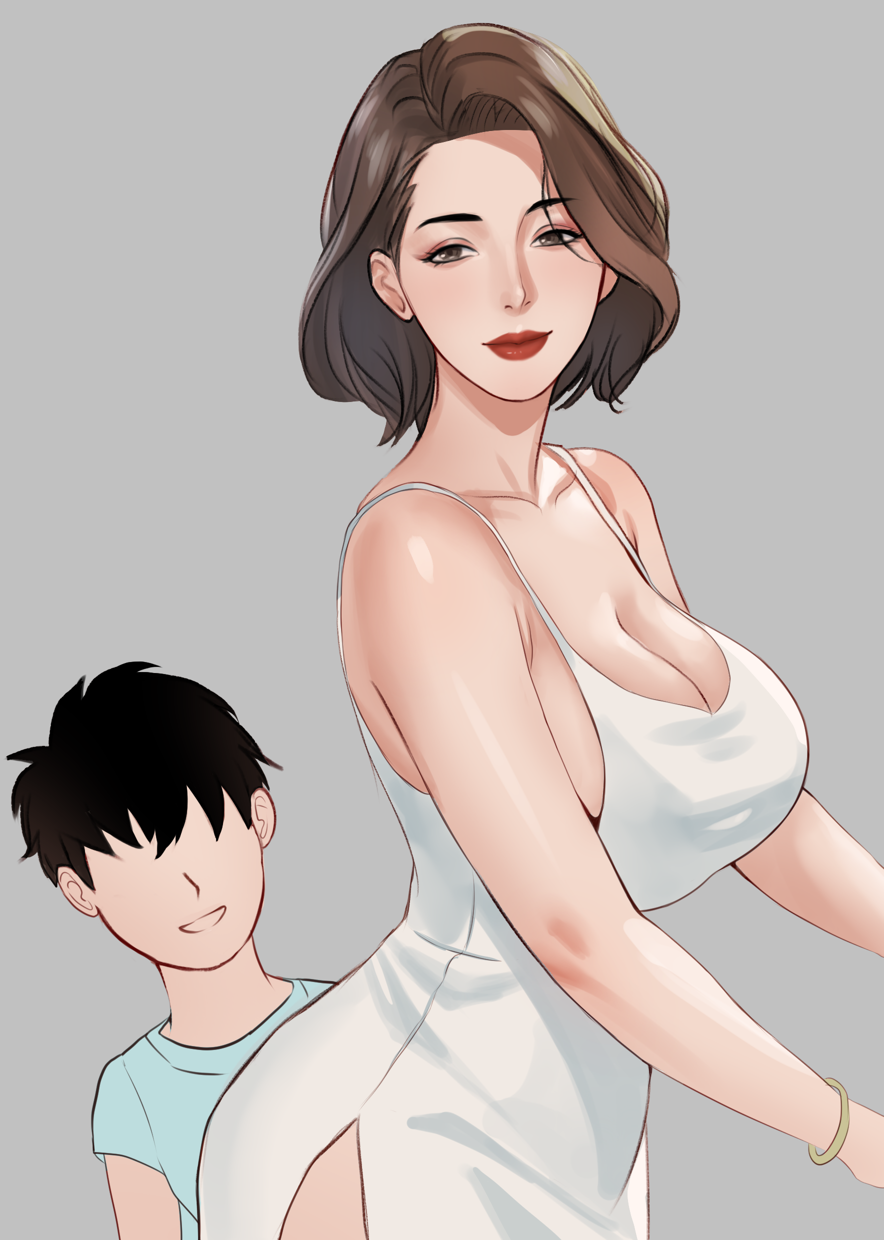 gxtsjs, highres, 1boy, 1girl, age difference, bare shoulders, black hair, blue shirt, bracelet, breasts, brown eyes, brown hair, cleavage, collarbone, dress, faceless, faceless male, grey background, jewelry, large breasts, lipstick, looking at viewer, makeup, mature female, mother and son, onee-shota, red lips, shirt, short hair, side slit, simple background, smile, white dress