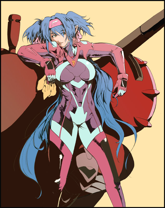 okazuwa shake, klan klein, meltrandi, queadluun-rea, zentradi, macross, macross frontier, 00s, 1girl, armor, blue hair, bodysuit, green eyes, headband, long hair, mecha, pointy ears, power armor, power suit, purple bodysuit, robot, twintails, very long hair