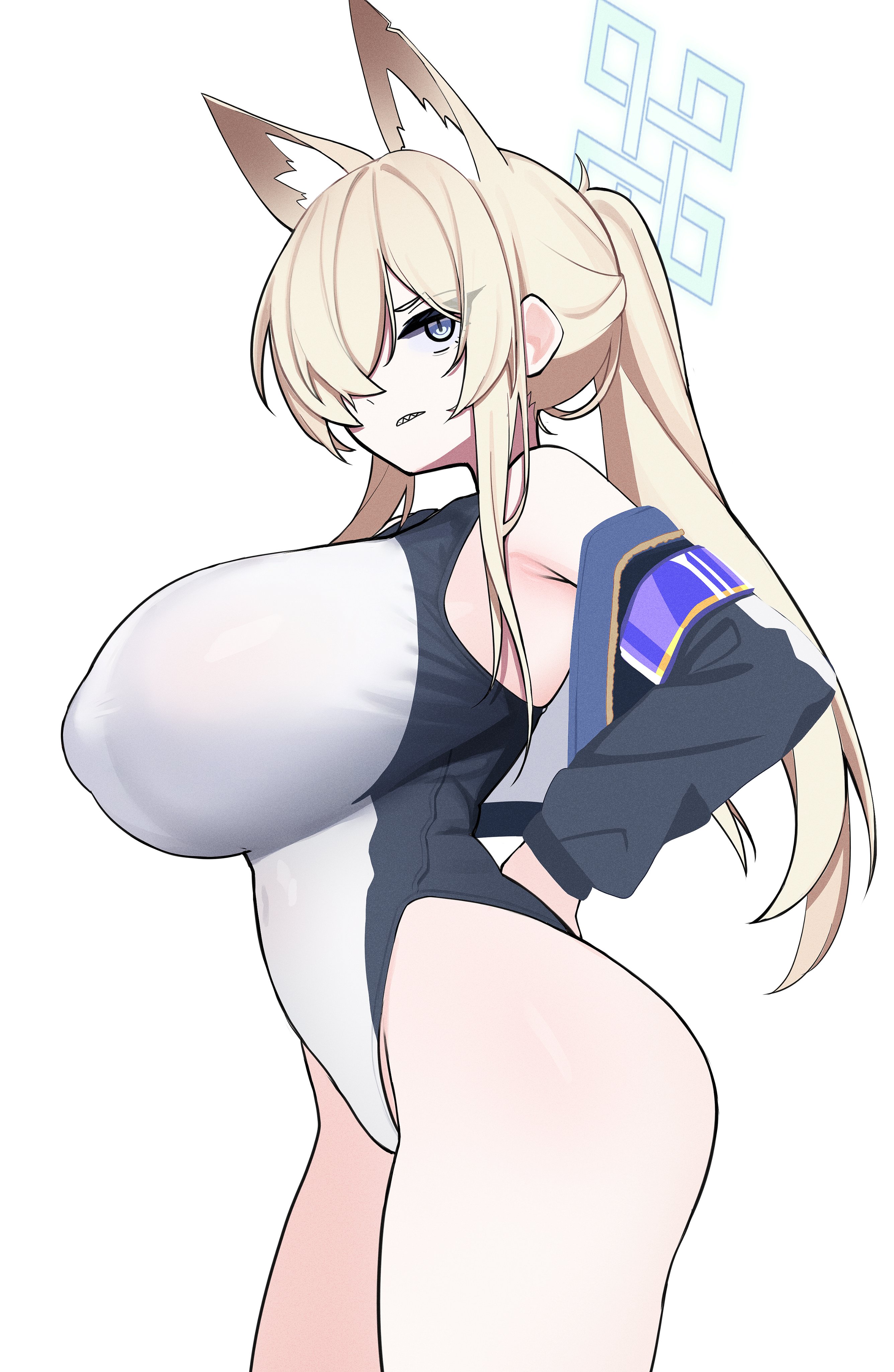 silenzuka, kanna (blue archive), kanna (swimsuit) (blue archive), blue archive, absurdres, highres, 1girl, animal ear fluff, animal ears, bare shoulders, black jacket, blonde hair, blue eyes, blue halo, breasts, competition swimsuit, cowboy shot, cropped jacket, dog ears, extra ears, hair over one eye, halo, hand on own hip, highleg, highleg one-piece swimsuit, huge breasts, jacket, long hair, notched ear, official alternate costume, one-piece swimsuit, open clothes, open jacket, ponytail, sharp teeth, simple background, solo, swimsuit, teeth, thighs, white background, white one-piece swimsuit