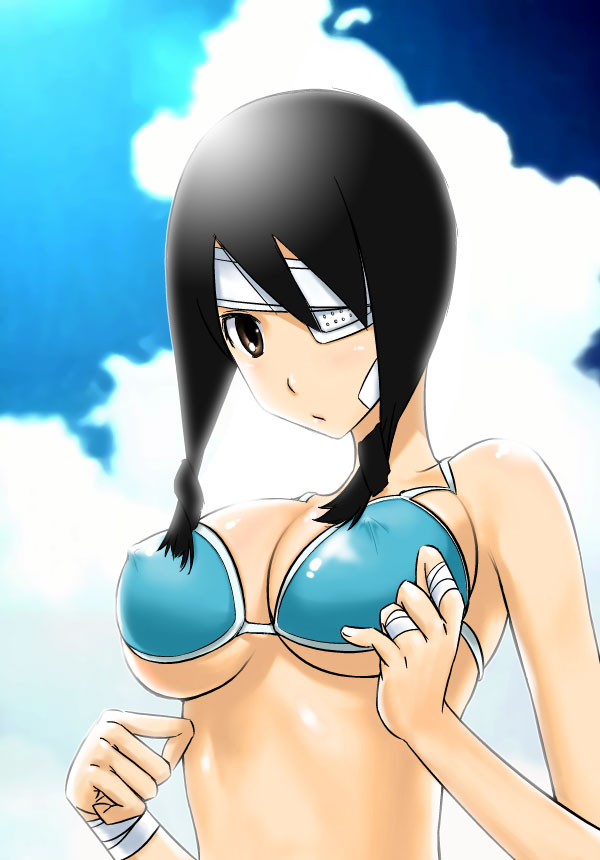 sakebuotoko, kobushi abiru, sayonara zetsubou sensei, bad id, bad pixiv id, 00s, bandage over one eye, bandages, bikini, black hair, blue bikini, breasts, covered erect nipples, eyepatch, large breasts, solo, swimsuit, twintails, underboob