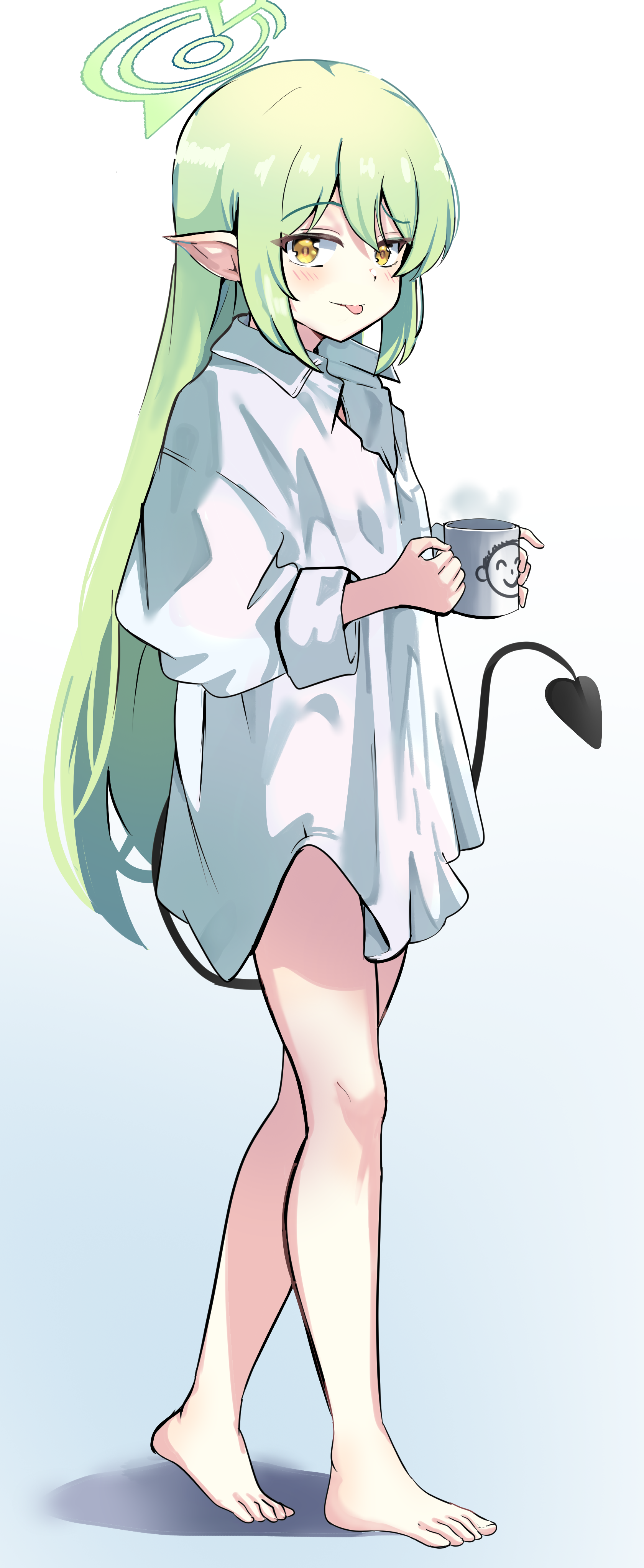 saabyboi, doodle sensei (blue archive), nozomi (blue archive), sensei (blue archive), blue archive, absurdres, commentary, highres, 1girl, :p, alternate costume, alternate hairstyle, bare legs, barefoot, blush, character print, closed mouth, collared shirt, cup, demon girl, demon tail, feet, full body, furrowed brow, green hair, green halo, hair between eyes, hair down, halo, holding, holding cup, long hair, long sleeves, looking at viewer, mug, no headwear, oversized clothes, oversized shirt, pointy ears, print mug, shirt, sidelocks, simple background, smile, smug, solo, standing, straight hair, tail, toes, tongue, tongue out, very long hair, white background, white shirt, yellow eyes, yellow pupils