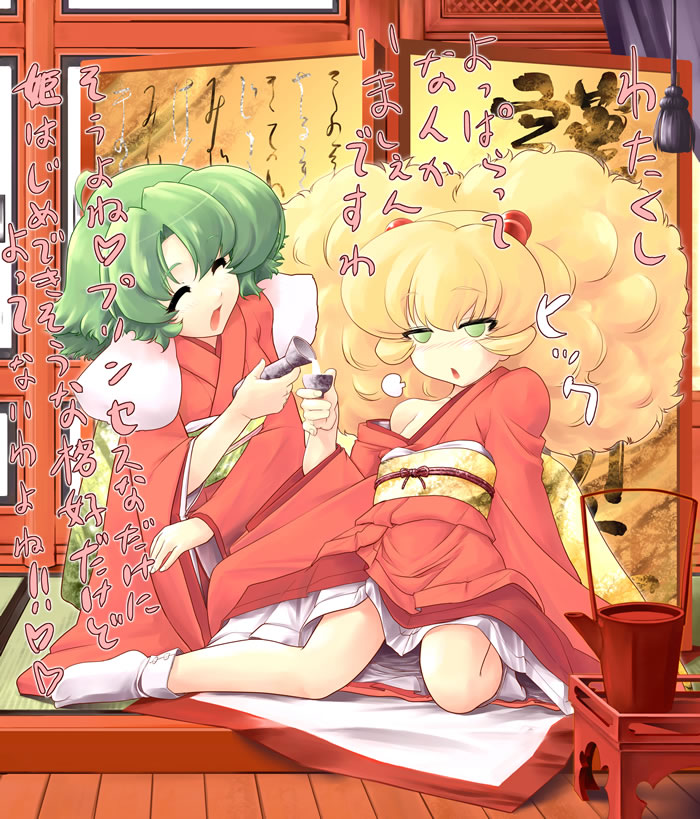hamuhamu, altessa, sophie (futagohime), fushigiboshi no futago hime, 00s, 2girls, alcohol, blonde hair, blush, choko (cup), cup, drunk, green eyes, green hair, japanese clothes, kimono, multiple girls, pouring, sake, sitting, socks, tabi, tokkuri