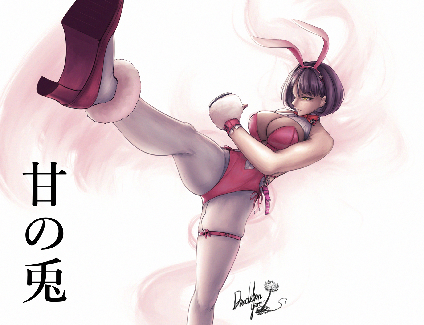 dandelion yarn, milk (blooming bunny) (nikke), milk (nikke), goddess of victory: nikke, ryuu ga gotoku (series), highres, 1girl, animal ear hairband, animal ears, black hair, blush, bow, bowtie, breasts, cleavage, clothing cutout, fake animal ears, hairband, kicking, large breasts, leotard, navel cutout, official alternate costume, pantyhose, pink leotard, playboy bunny, rabbit ear hairband, rabbit ears, short hair, side-tie leotard, skindentation, solo, standing, thigh strap, vibrator cord, white pantyhose, yellow eyes