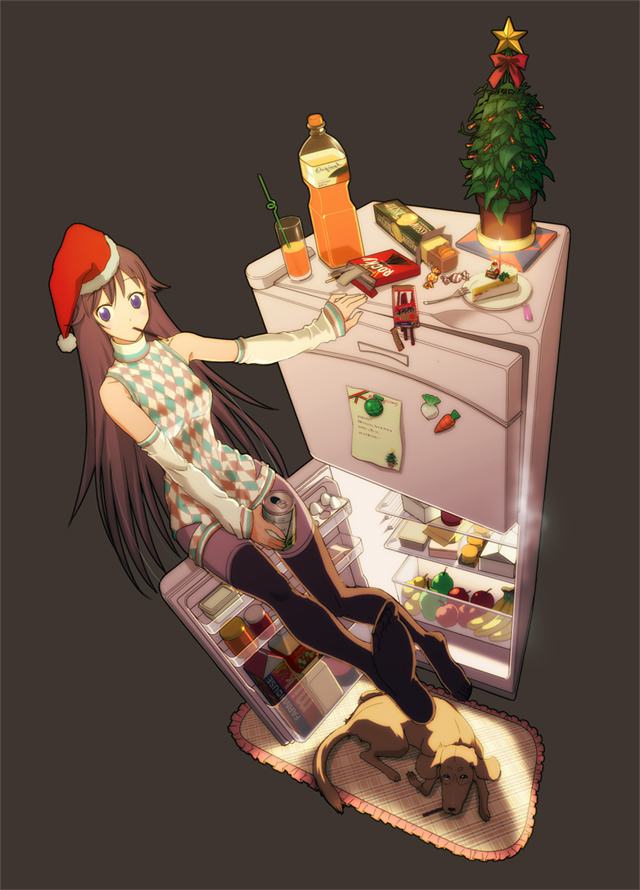 shiitake urimo, 1girl, alcohol, beer, bonsai, bottle, brown hair, cake, cake slice, christmas, christmas tree, detached sleeves, dog, feet, female focus, food, hat, juice, long hair, mouth hold, open door, pastry, pocky, purple eyes, refrigerator, santa hat, solo, thighhighs
