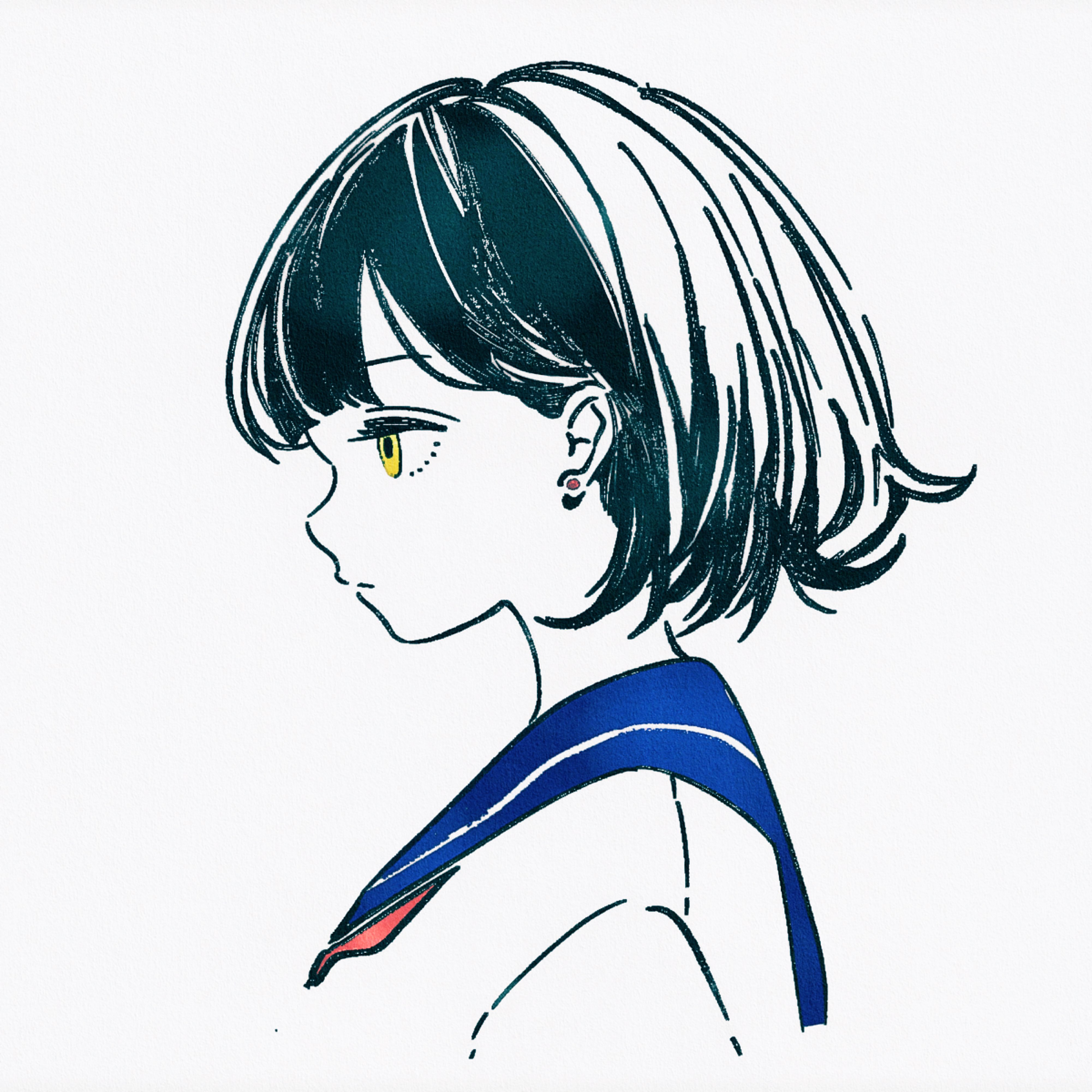 firework japan, original, absurdres, highres, 1girl, black hair, blue sailor collar, blunt bangs, earrings, jewelry, neckerchief, red neckerchief, sailor collar, school uniform, serafuku, shirt, short hair, solo, stud earrings, white shirt, yellow eyes