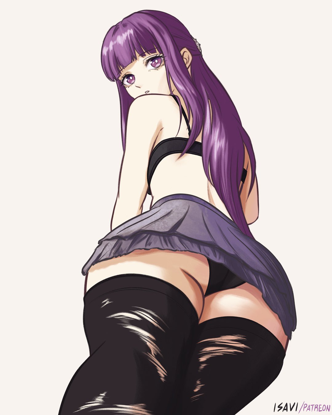 isavi, fern (sousou no frieren), sousou no frieren, highres, ass, back, black bra, black panties, black thighhighs, blunt bangs, bra, bright pupils, grey skirt, layered skirt, long hair, looking at viewer, looking back, looking down, median furrow, miniskirt, panties, purple eyes, purple hair, skirt, thighhighs, torn clothes, torn thighhighs, underwear, white pupils