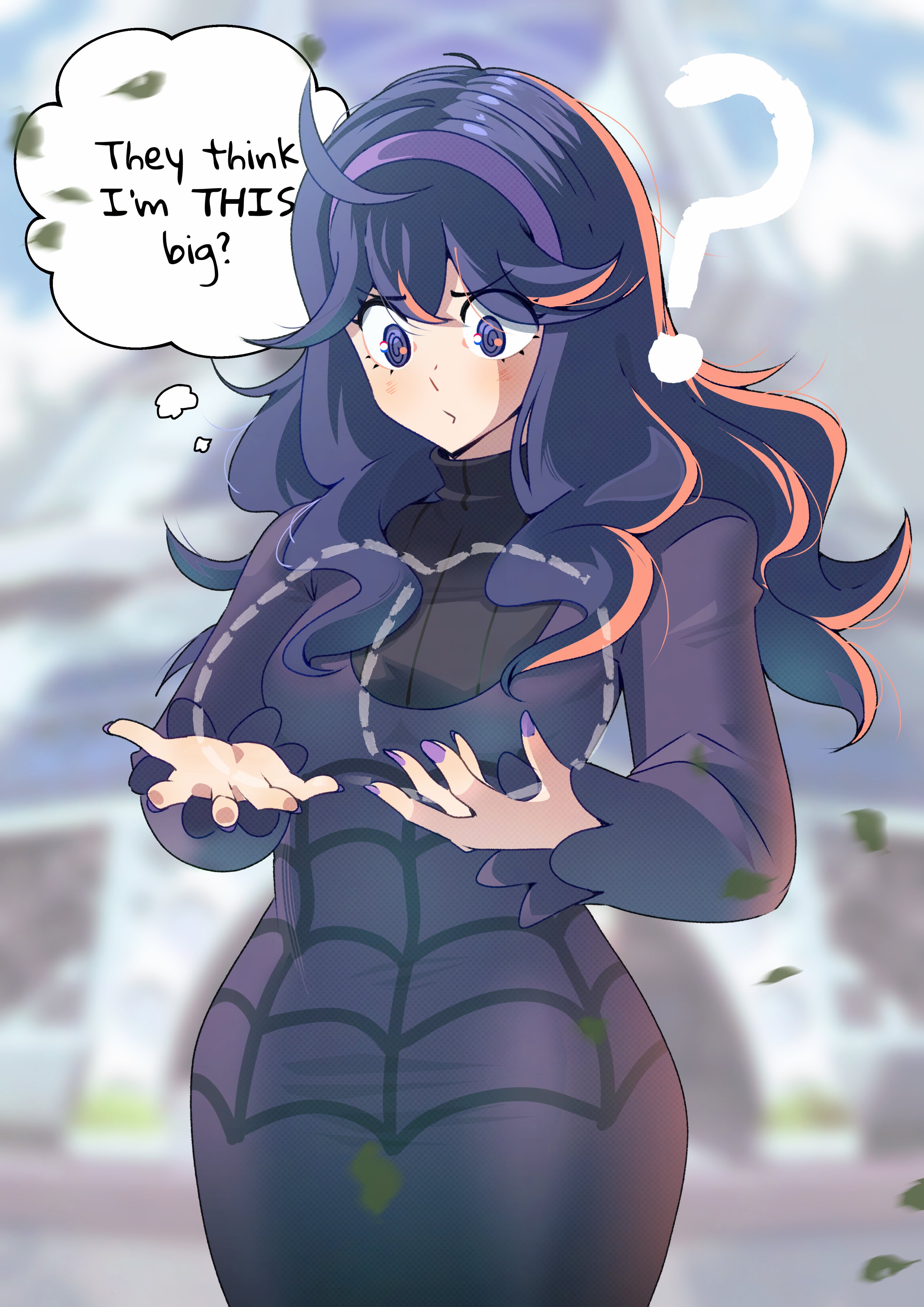 gjh, hex maniac (pokemon), nintendo, pokemon, pokemon xy, absurdres, commentary, english commentary, highres, 1girl, ahoge, black dress, dress, english text, fingernails, hairband, long sleeves, purple eyes, purple hair, purple hairband, purple nails, solo, speech bubble, thought bubble