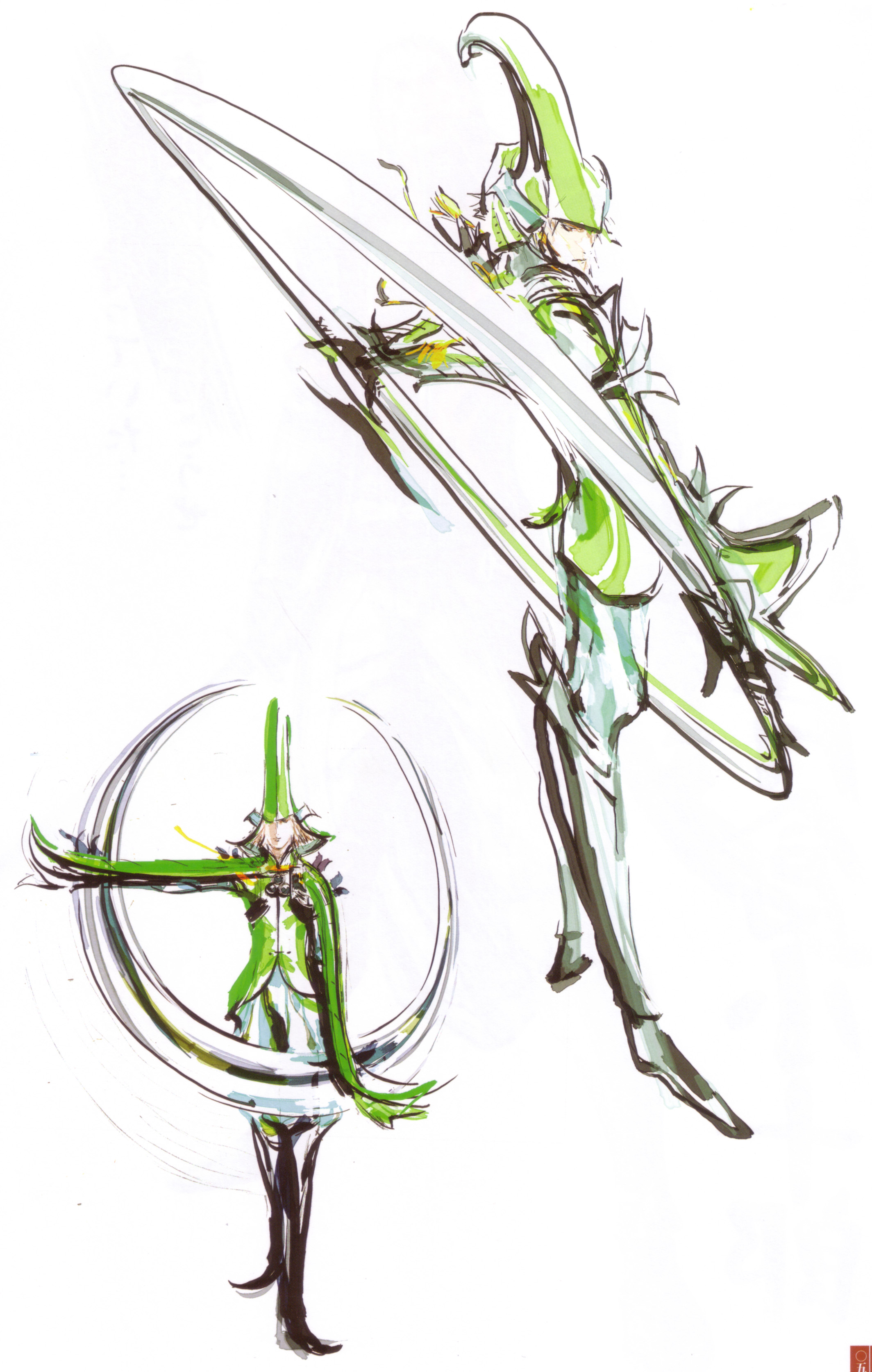 tsuchibayashi makoto, mouri motonari, sengoku basara, absurdres, highres, official art, 00s, 1boy, armor, chakram, from side, full body, hat, huge weapon, male focus, multiple views, outstretched arm, ring blade, simple background, sketch, weapon, white background