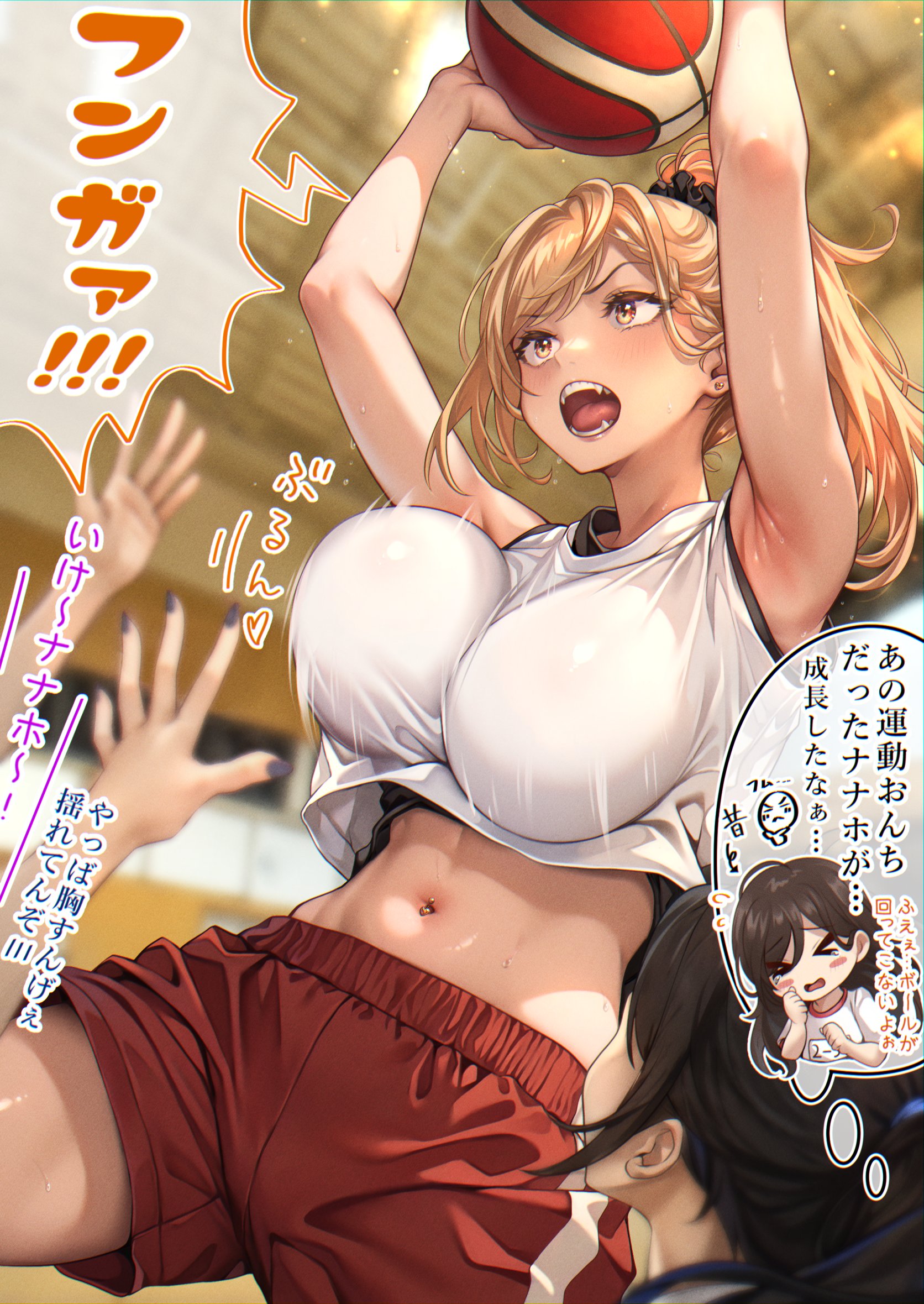 shashaki, original, commentary request, highres, translation request, 2girls, armpits, arms up, ball, bare arms, bare shoulders, basketball, basketball (object), black nails, black scrunchie, blonde hair, blurry, blurry background, breasts, earrings, hair ornament, hair scrunchie, holding, holding ball, jewelry, large breasts, midriff, multiple girls, navel, navel piercing, open mouth, piercing, ponytail, red shorts, scrunchie, shirt, shorts, sleeveless, sleeveless shirt, solo focus, speech bubble, teeth, thought bubble, tongue, white shirt, yellow eyes