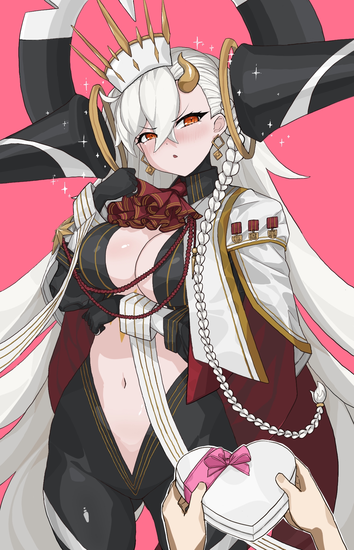 olga marie animusphere, u-olga marie, u-olga marie (second ascension), fate/grand order, fate (series), commentary, english commentary, engrish commentary, highres, 1girl, alternate breast size (larger), ascot, black gloves, blush, box, braid, breasts, cleavage, crossed bangs, earrings, gloves, hair between eyes, hat, heart-shaped box, holding, holding box, horns, jewelry, large breasts, long hair, navel, orange eyes, pink background, red ascot, simple background, single horn, stomach, tnskuhm538, valentine, very long hair, white hair, white hat
