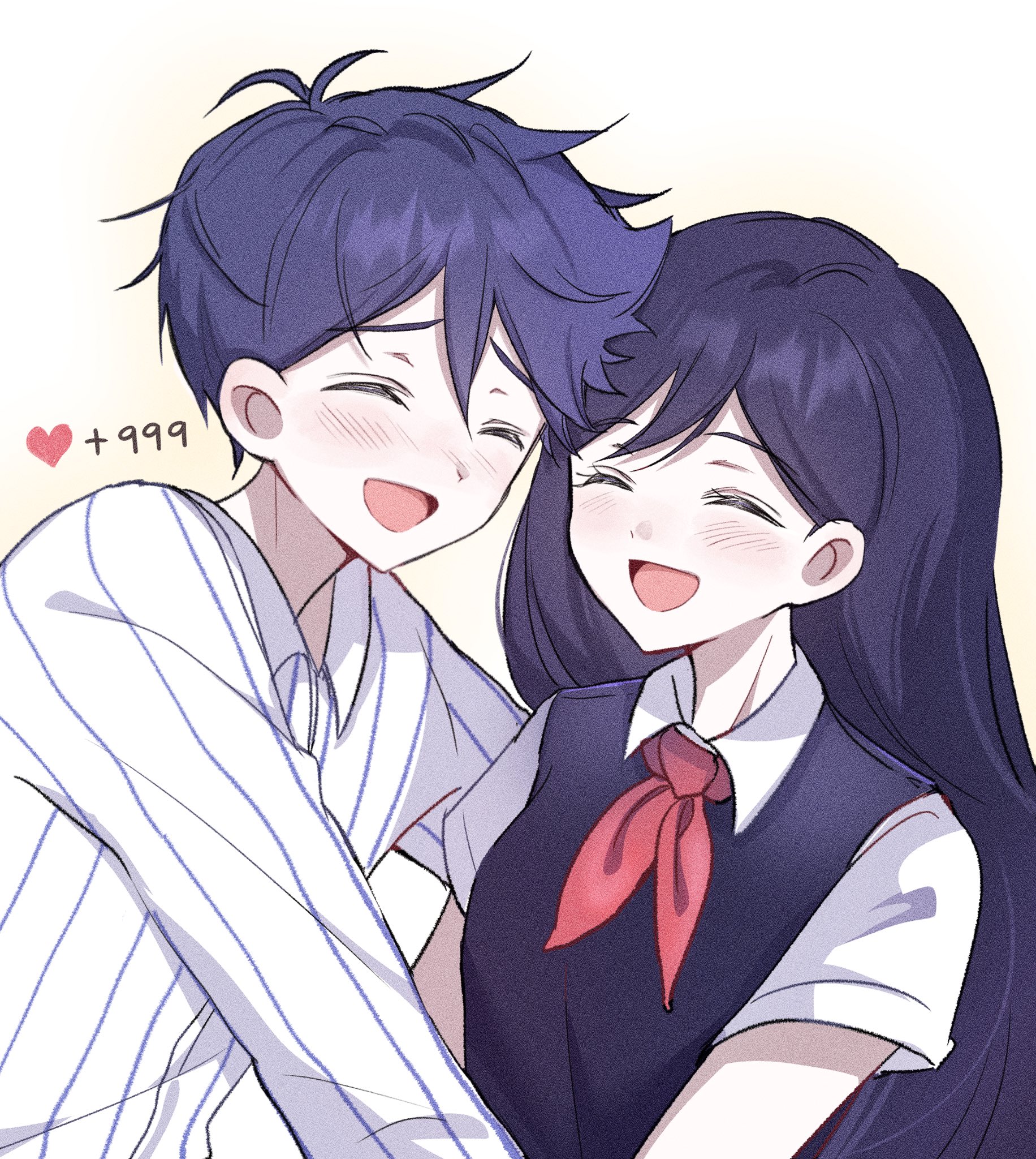 hero (headspace) (omori), hero (omori), mari (headspace) (omori), mari (omori), omori, highres, 1boy, 1girl, alternate color, antenna hair, black sweater vest, blush, breasts, closed eyes, collared shirt, colored skin, double-parted bangs, hair between eyes, heart, long hair, long sleeves, neckerchief, open mouth, pajamas, purple hair, red neckerchief, shirt, short hair, short sleeves, simple background, small breasts, smile, striped clothes, striped pajamas, sweater vest, vertical-striped clothes, vertical-striped pajamas, white background, white shirt, white skin, wktdms1