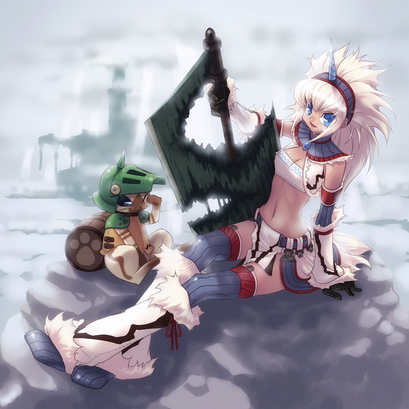 mitake eil, felyne, capcom, monster hunter (series), 1girl, bandeau, blue eyes, boots, detached sleeves, hairband, headband, horns, kirin (armor), long hair, midriff, single horn, sitting, strapless, sword, thighhighs, tube top, weapon, white hair