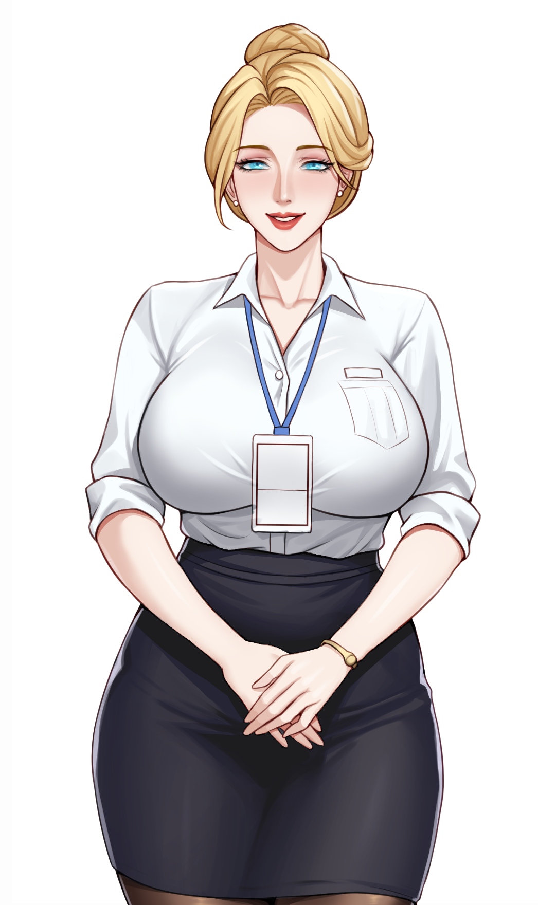 gxtsjs, highres, 1girl, aqua eyes, black skirt, blonde hair, blue eyes, bracelet, breast pocket, breasts, brown pantyhose, collarbone, collared shirt, cowboy shot, dress shirt, earrings, hair bun, high-waist skirt, id card, jewelry, lanyard, large breasts, lipstick, looking at viewer, makeup, mature female, office lady, own hands together, pantyhose, parted lips, pencil skirt, pocket, red lips, shirt, shirt tucked in, simple background, single hair bun, skirt, sleeves rolled up, smile, solo, standing, transparent background, watch, white background, white shirt, wristwatch