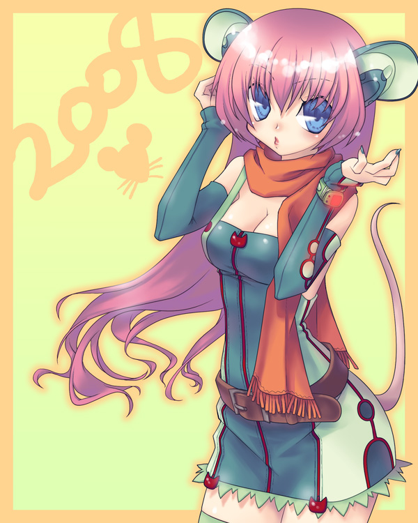mitake eil, original, 00s, 1girl, 2008, animal ears, blue eyes, blue nails, elbow gloves, female focus, gloves, long hair, mouse ears, mouse tail, nail polish, new year, pink hair, scarf, solo, tail