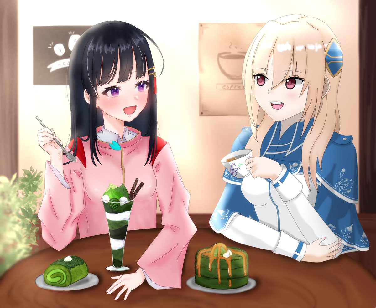 nikaidou misato, shirakawa yuina, heaven burns red, artist collaboration, commentary request, 2girls, :d, black hair, blonde hair, cake, cake slice, cup, doren (doren chan dazo), food, happy, holding, holding cup, holding spoon, ice cream, indoors, looking at another, multiple girls, open mouth, parfait, purple hair, smile, spoon, sundae, teeth, upper teeth only, yuuna (rlp9srgh0j39271)
