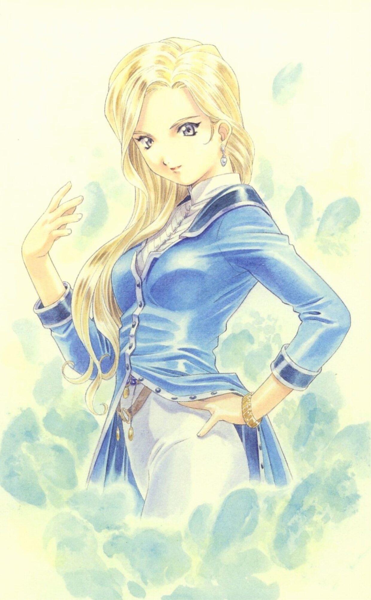 glycine bleumer, sakura taisen, sakura taisen iii, uniform, highres, 00s, blonde hair, blue eyes, long hair, petals