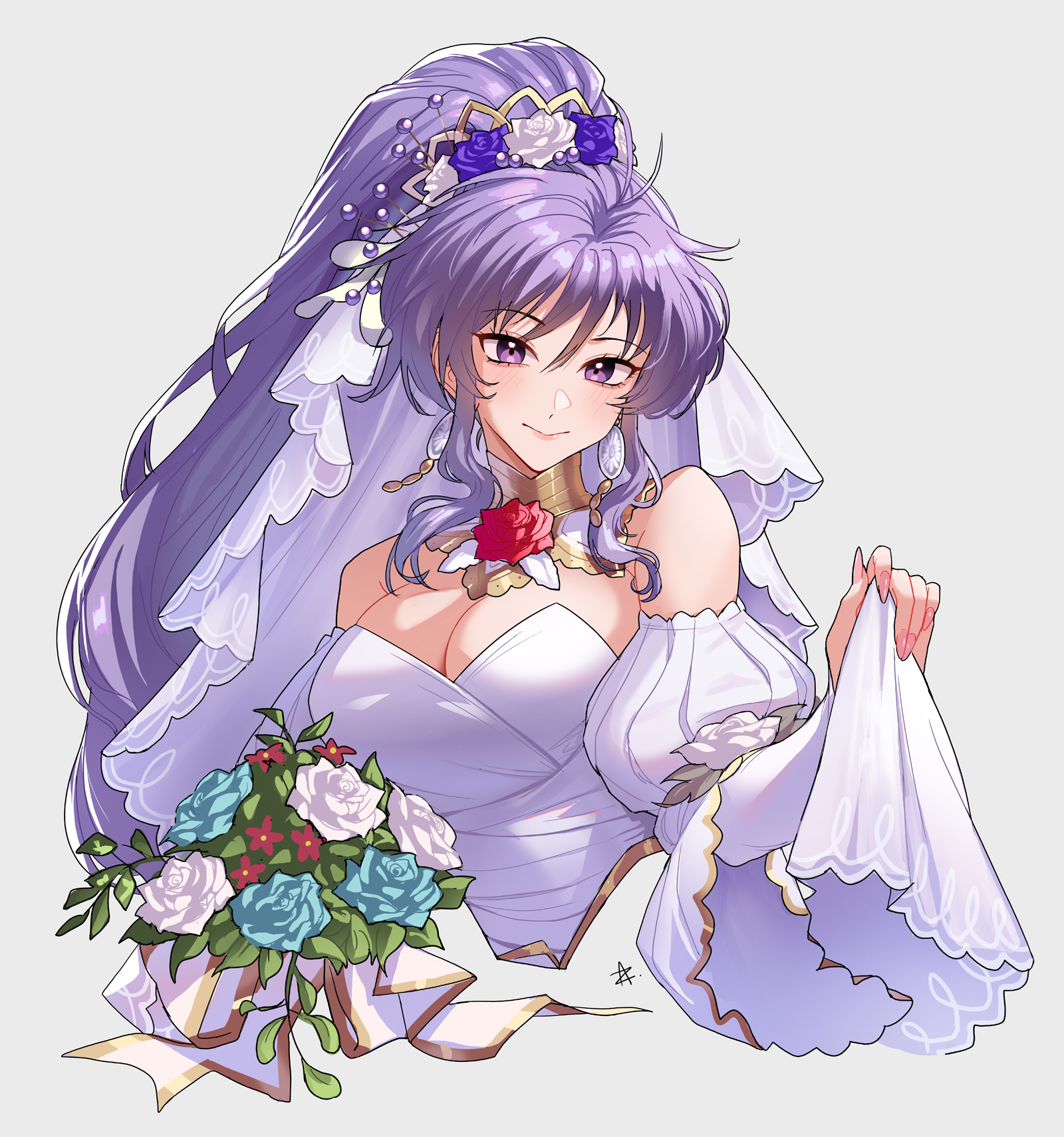 zedoraart, ishtar (bride) (fire emblem), ishtar (fire emblem), fire emblem, fire emblem: genealogy of the holy war, fire emblem heroes, nintendo, commission, commissioner upload, highres, vgen commission, 1girl, bouquet, breasts, bride, cleavage, closed mouth, dress, flower, hair flower, hair ornament, holding, holding bouquet, jewelry, large breasts, long hair, official alternate costume, ponytail, purple eyes, purple hair, rose, smile, strapless, strapless dress, upper body, wedding dress
