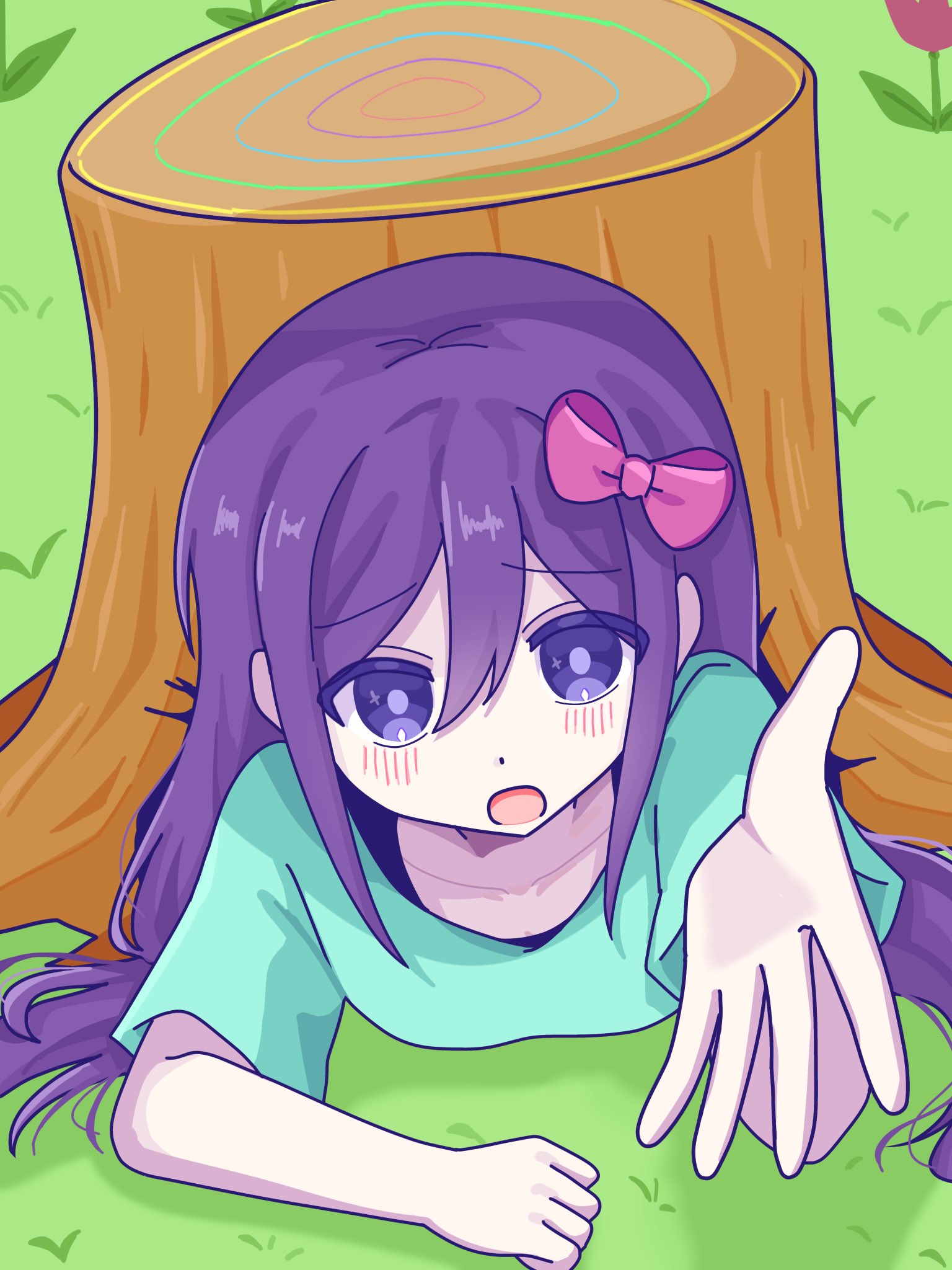 ryo pen17, aubrey (headspace) (omori), aubrey (omori), omori, highres, 1girl, blue shirt, blush, bow, collarbone, colored skin, double-parted bangs, flower, grass, hair bow, long hair, looking at viewer, lying, on stomach, open mouth, outstretched arm, pink bow, purple eyes, purple hair, shirt, short sleeves, solo, t-shirt, tree stump, white skin