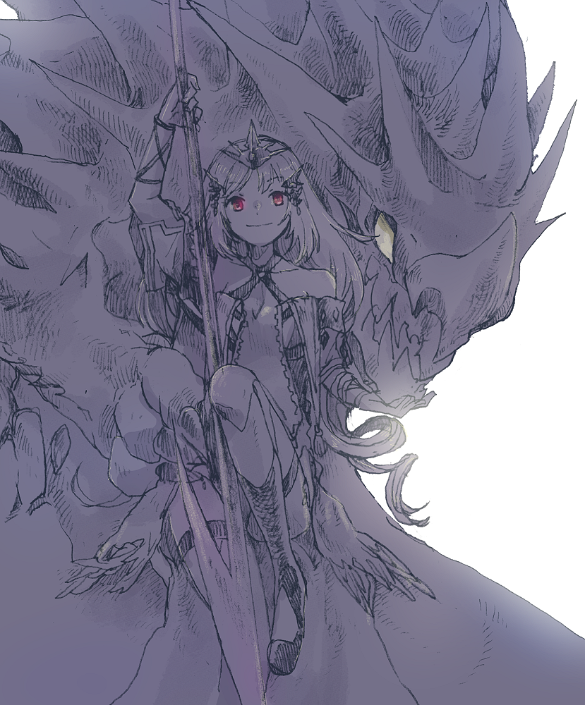 michibata 65, tiramisu (another eden), another eden, commentary request, 1girl, arm ribbon, arm up, bare shoulders, collarbone, dress, foot out of frame, hair ornament, halter dress, halterneck, hatching (texture), holding, holding polearm, holding weapon, knee up, light smile, linear hatching, long hair, looking at viewer, monochrome, monster, off-shoulder dress, off shoulder, polearm, purple theme, red eyes, ribbon, shoes, short sleeves, simple background, sitting, spear, spot color, swept bangs, thighhighs, tiara, very long hair, weapon, white background, yellow eyes