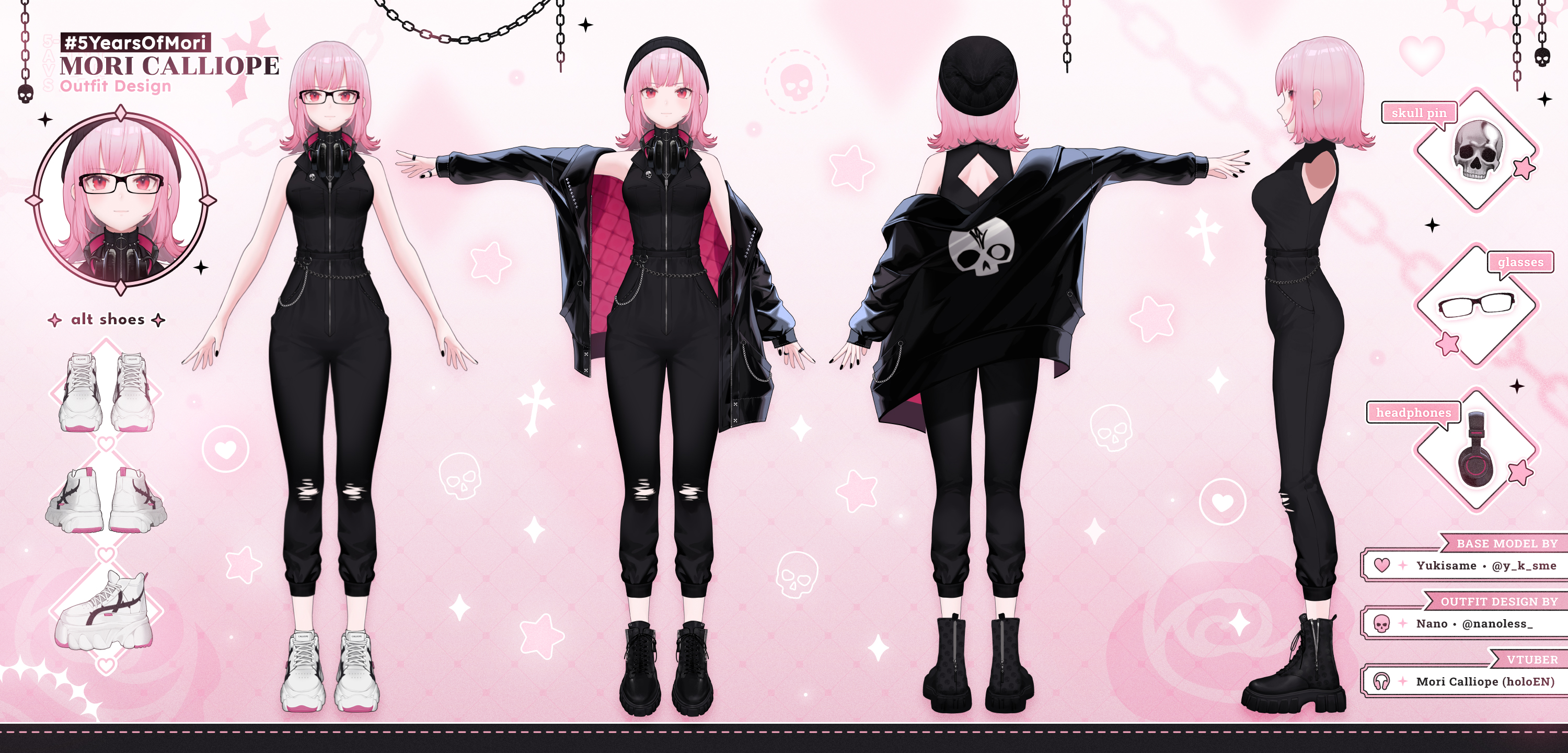 nanoless, mori calliope, mori calliope (the story thus far), hololive, hololive english, highres, official art, 1girl, 3d, back cutout, beanie, black hat, black jacket, black pants, black shirt, black shoes, clothing cutout, denim, glasses, hat, jacket, jeans, multiple views, official alternate costume, pants, pink hair, red eyes, reference sheet, shirt, shoes, skull print, torn clothes, torn jeans, torn pants, turnaround, virtual youtuber, white shoes, wolf cut