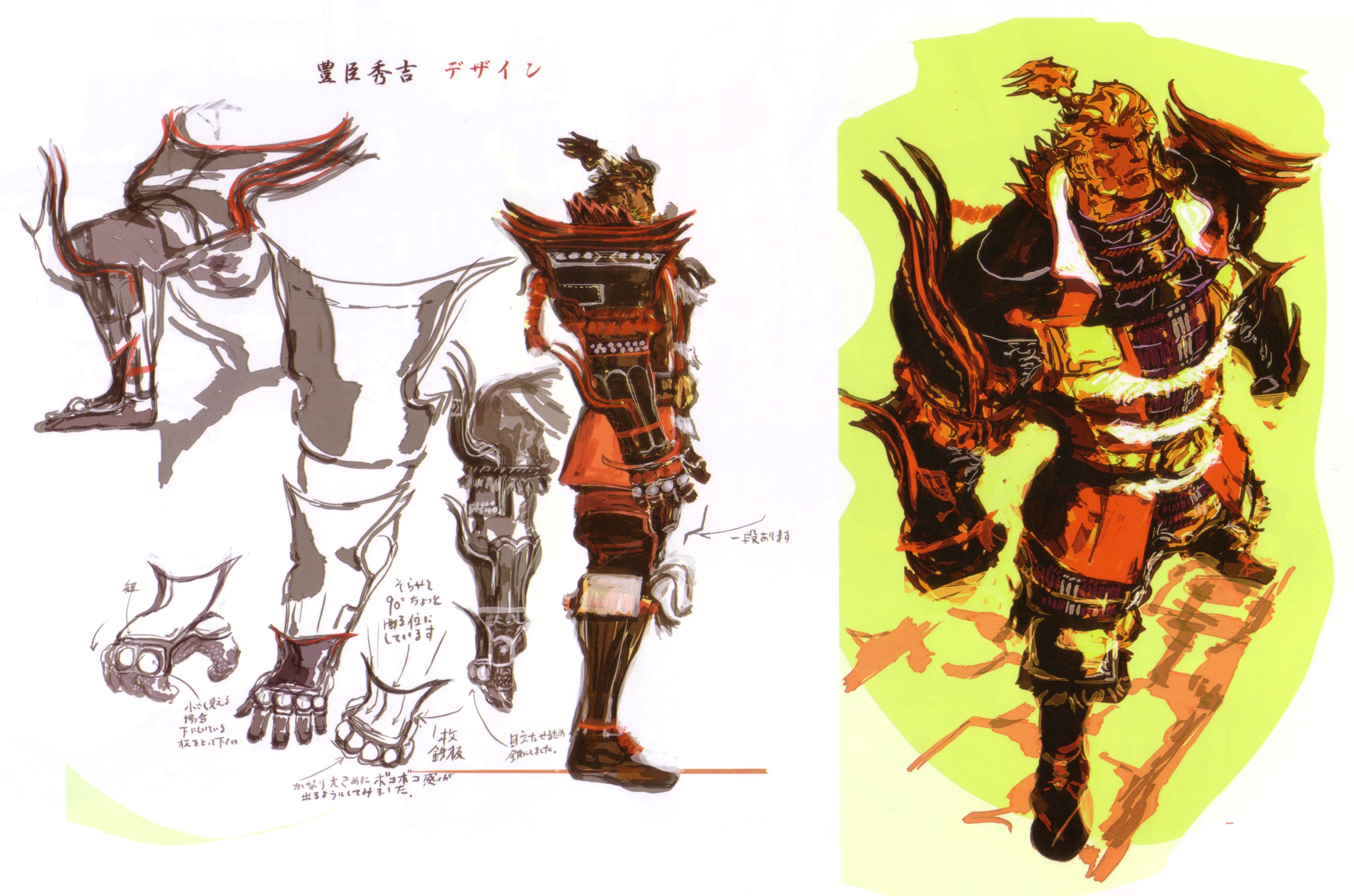 tsuchibayashi makoto, toyotomi hideyoshi, toyotomi hideyoshi (sengoku basara), sengoku basara, black footwear, highres, 00s, 1boy, arm guards, armor, arrow (symbol), belt, boots, brown hair, clenched hands, closed mouth, dark-skinned male, dark skin, expressionless, full body, fur trim, helmet, japanese armor, knee boots, looking up, male focus, multiple views, shoulder pads, sketch, standing, topknot