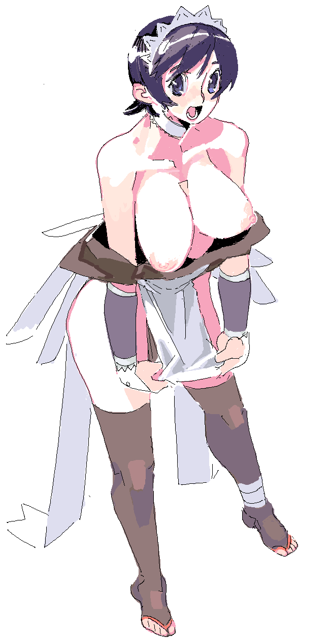 meisamu, iroha (samurai spirits), samurai spirits, highres, 1girl, bare shoulders, black hair, blue eyes, breasts, maid, short hair, thighhighs