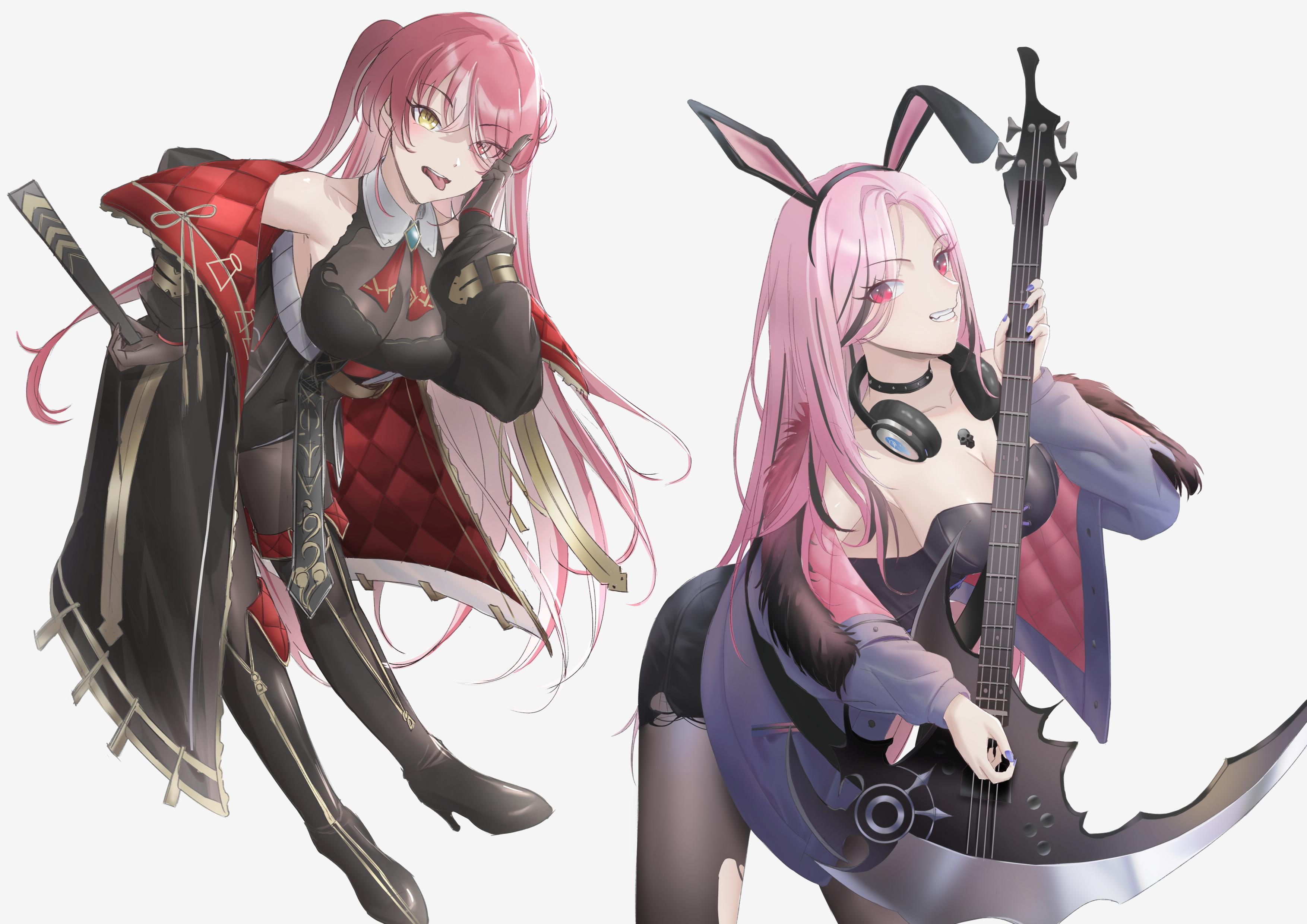 fat123, houshou marine, houshou marine (marching band), mori calliope, mori calliope (rock bunny), hololive, hololive english, absurdres, highres, 2girls, animal ears, bass guitar, black bodysuit, black choker, black corset, black hair, black jacket, black nails, black pantyhose, black shorts, black thighhighs, bodysuit, boots, breasts, choker, cleavage, closed mouth, colored inner hair, corset, fake animal ears, headphones, headphones around neck, heterochromia, high heel boots, high heels, holding, holding bass guitar, holding instrument, instrument, jacket, large breasts, looking at viewer, multicolored hair, multiple girls, official alternate costume, open mouth, pantyhose, pink hair, rabbit ears, red eyes, red hair, shorts, streaked hair, thigh boots, thighhighs, tongue, tongue out, virtual youtuber, white background, yellow eyes