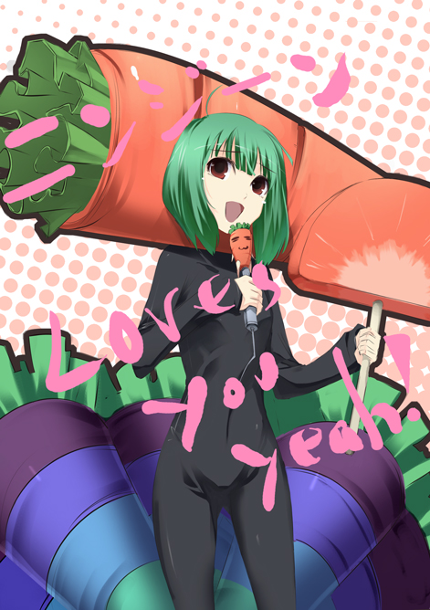 satomi (black scarecrow), ranka lee, gundam, macross, macross frontier, 00s, carrot, food as clothes, green hair, skin tight, solo