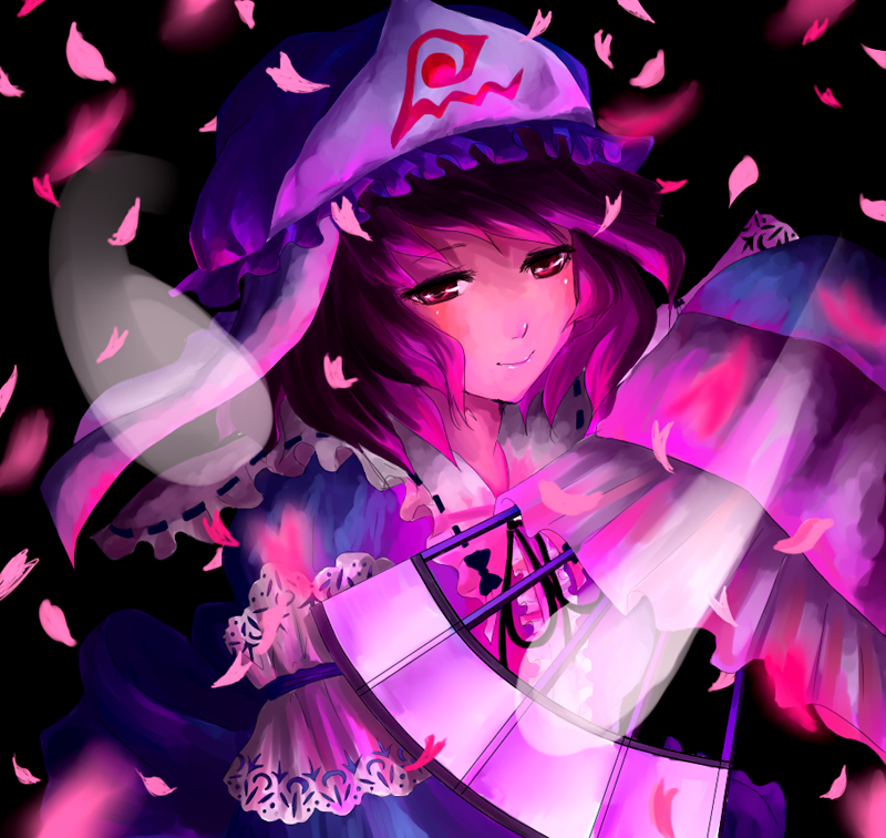 alice (afternoon gleam), saigyouji yuyuko, touhou, 1girl, female focus, folding fan, ghost, hand fan, hat, japanese clothes, kimono, petals, pink hair, plant, ribbon, short hair, smile, solo