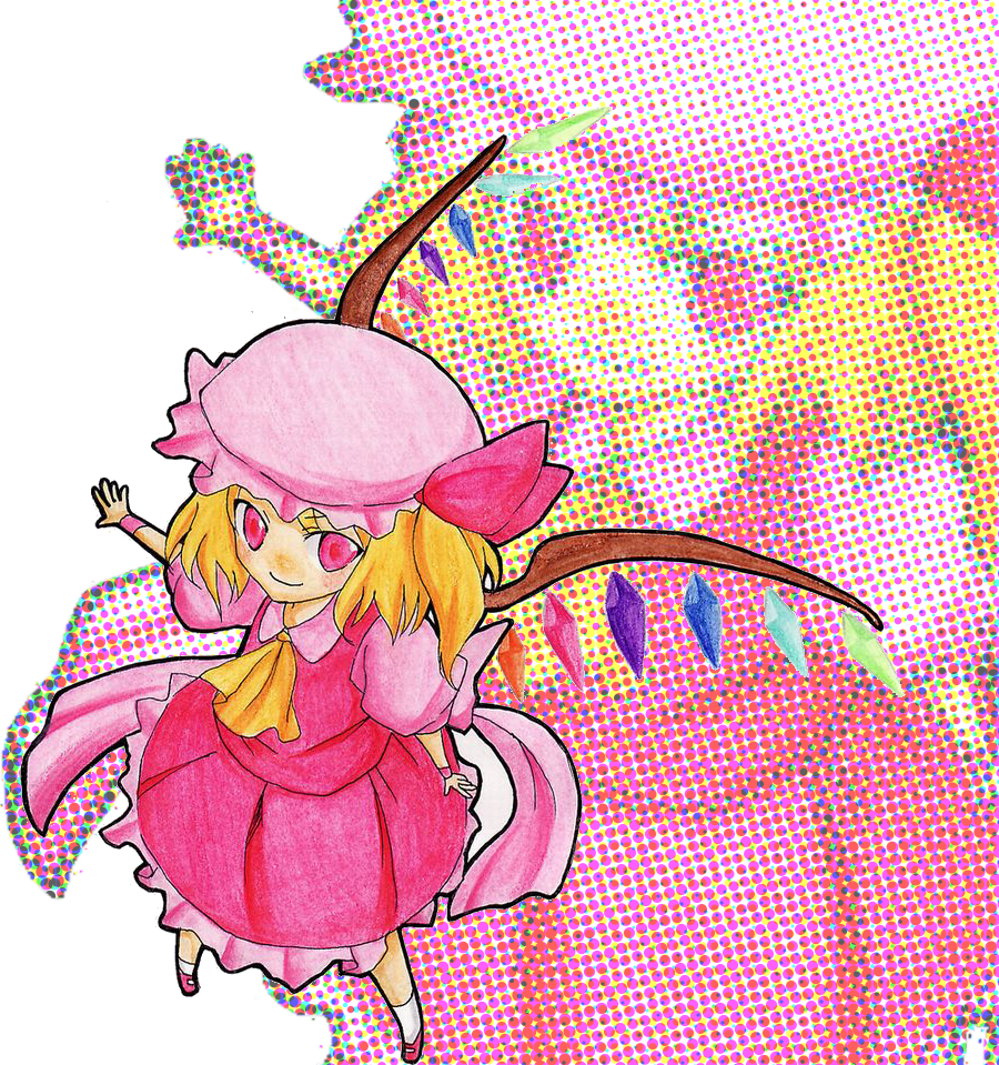 shiropuni, flandre scarlet, touhou, 1girl, blonde hair, blouse, female focus, hat, mob cap, pink hat, pink shirt, ponytail, red eyes, red shoes, ribbon, shirt, shoes, short hair, socks, solo, white socks, wings