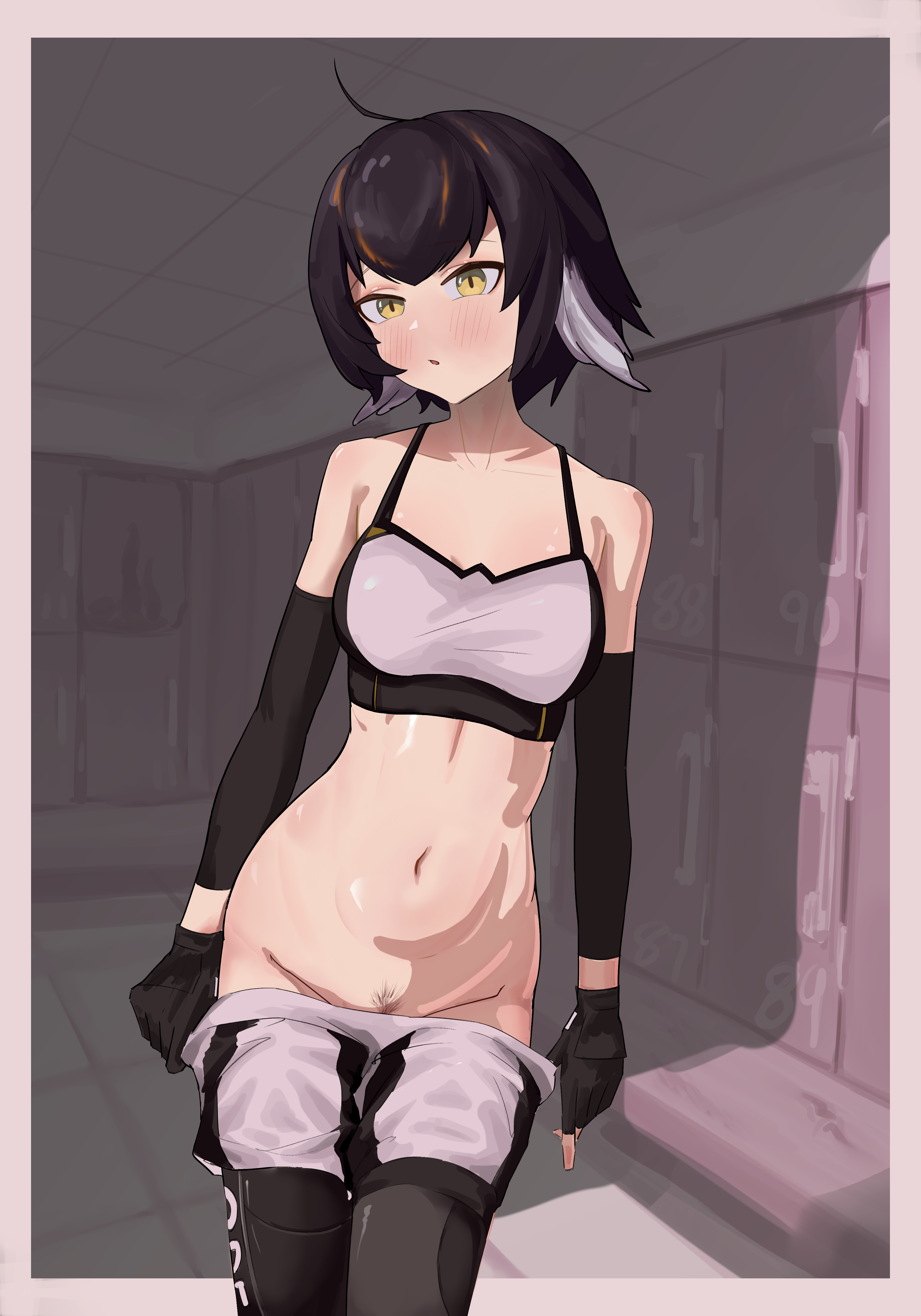 plume (arknights), plume (easy time) (arknights), arknights, absurdres, commentary, english commentary, highres, 1girl, ahoge, bare shoulders, bird girl, black gloves, black leggings, blush, breasts, brown hair, clothes pull, compression sleeve, crop top, feather hair, female pubic hair, fingerless gloves, gloves, hair between eyes, leggings, leggings under shorts, locker, locker room, looking at viewer, midriff, multicolored hair, multicolored sports bra, navel, official alternate costume, open mouth, pubic hair, rioffi mirai, short hair, shorts, shorts pull, small breasts, solo, sports bra, two-tone hair, two-tone sports bra, undressing, white hair, white sports bra, yellow eyes