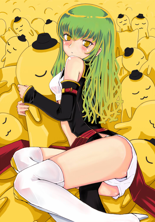 c.c., cheese-kun, code geass, pizza hut, 00s, 1girl, boots, detached sleeves, female focus, green hair, high heels, shoes, solo, thigh boots, thighhighs, yellow eyes