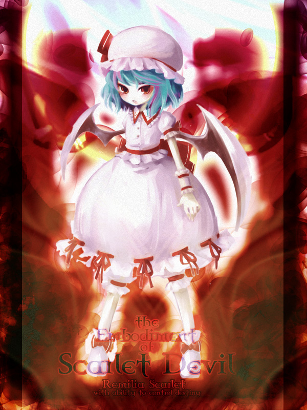 icedango (dpopic3), makishu, remilia scarlet, touhou, bad id, bad pixiv id, 1girl, bat wings, blue hair, female focus, hat, red eyes, ribbon, short hair, solo, wings, wrist cuffs