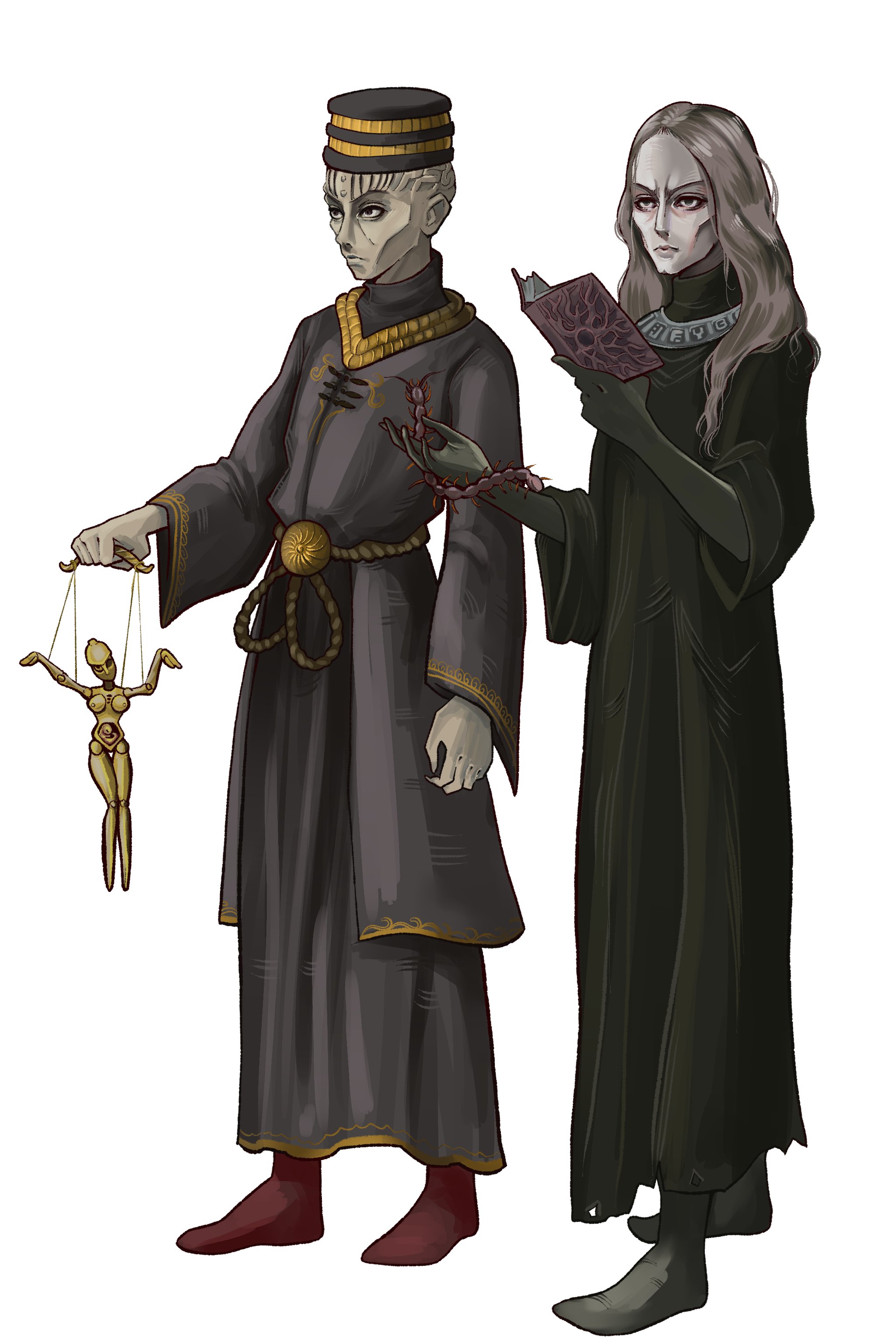 brokenramen, enki (fear & hunger), valteil (fear & hunger), fear & hunger (series), fear & hunger 1, absurdres, commentary, highres, 2boys, black hat, black robe, book, boots, bow, brown hair, bug, centipede, closed mouth, full body, gloves, green bow, green gloves, hat, holding, holding book, long hair, male focus, marionette, multiple boys, open book, puppet, red boots, robe, simple background, standing, white background