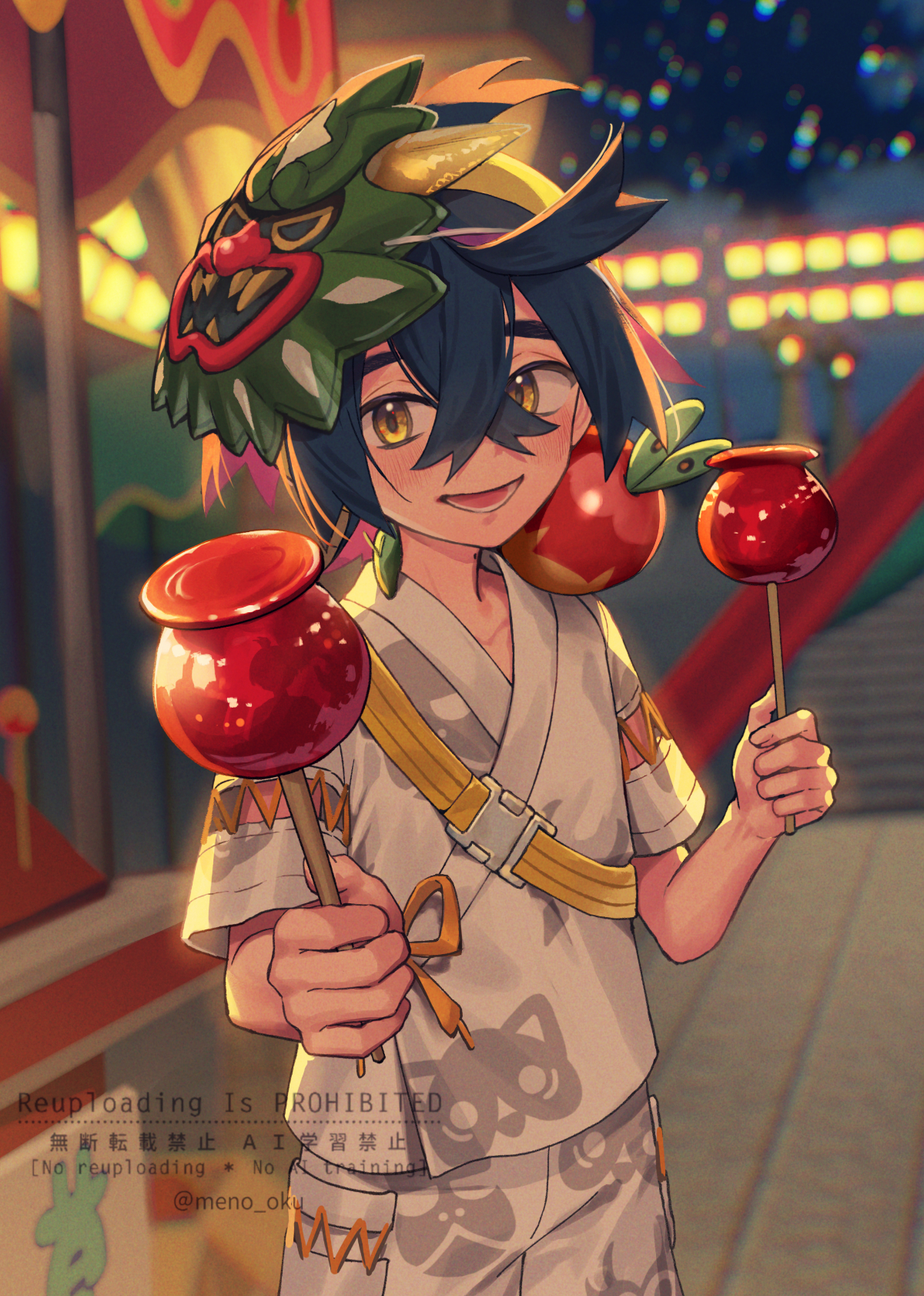 meno oku, kieran (pokemon), nintendo, pokemon, pokemon sv, highres, 1boy, antenna hair, black hair, blurry, blurry background, brown eyes, candy apple, collarbone, crossed bangs, food, holding, holding candy apple, holding food, japanese clothes, kimono, looking at viewer, lower teeth only, male focus, mask, mask on head, multicolored hair, night, open mouth, outdoors, purple hair, short hair, short sleeves, solo, teeth, two-tone hair, white kimono