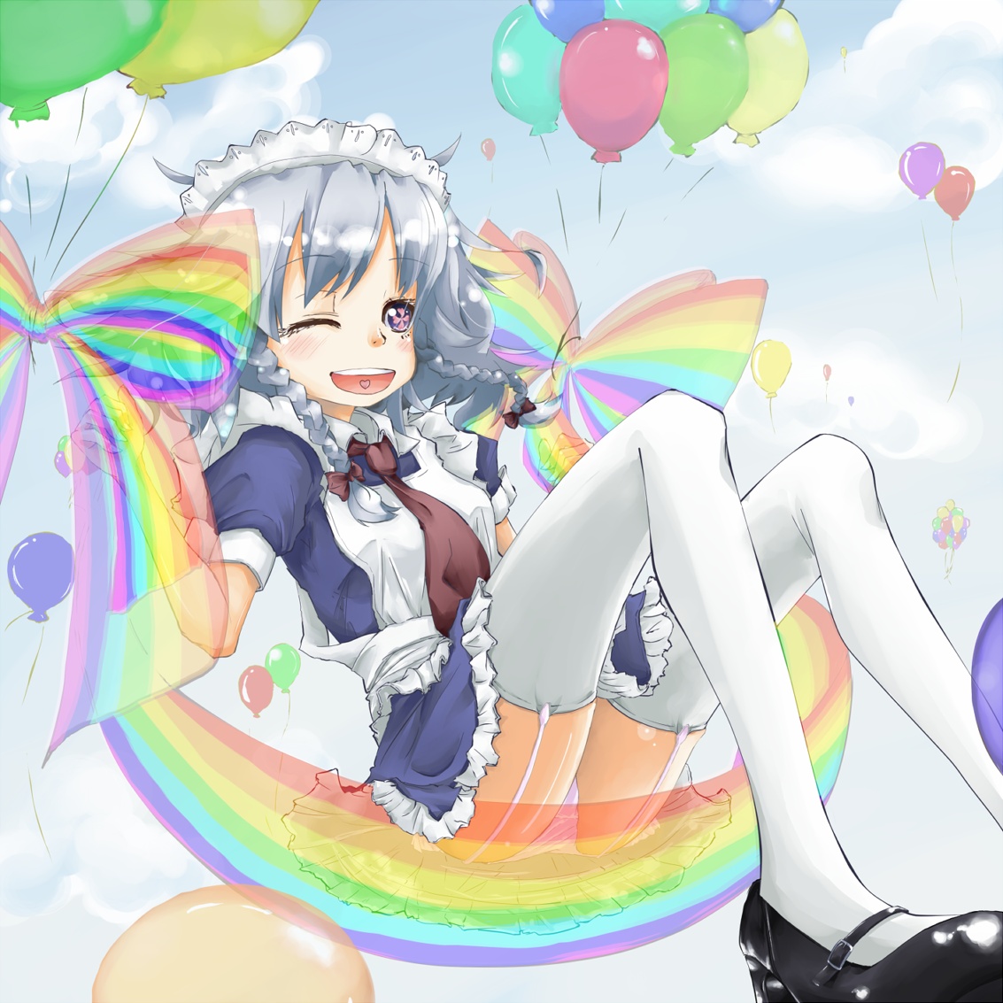 hato haru, izayoi sakuya, touhou, silver hair, bad id, bad pixiv id, 1girl, balloon, braid, dress, female focus, garter belt, maid, outdoors, panties, rainbow, short hair, sky, solo, thighhighs, twin braids, underwear, wink