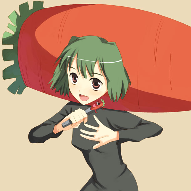 yamamoto shima, ranka lee, macross, macross frontier, 00s, carrot, food as clothes, green hair, red eyes, shibahime kyou, solo