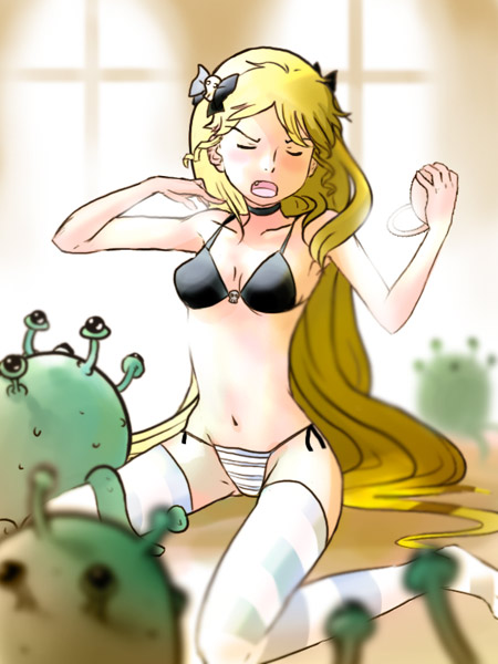 dan kim, mopple, mr. mopps, snax, momoka corner, 1girl, black bow, black bra, black choker, blonde hair, blurry, blurry foreground, blush, bow, bra, breasts, choker, closed eyes, creature, depth of field, hair bow, lingerie, long hair, navel, no shoes, on floor, panties, side-tie panties, sitting, skinny, small breasts, striped clothes, striped thighhighs, thighhighs, underwear, underwear only, very long hair, wariza, window