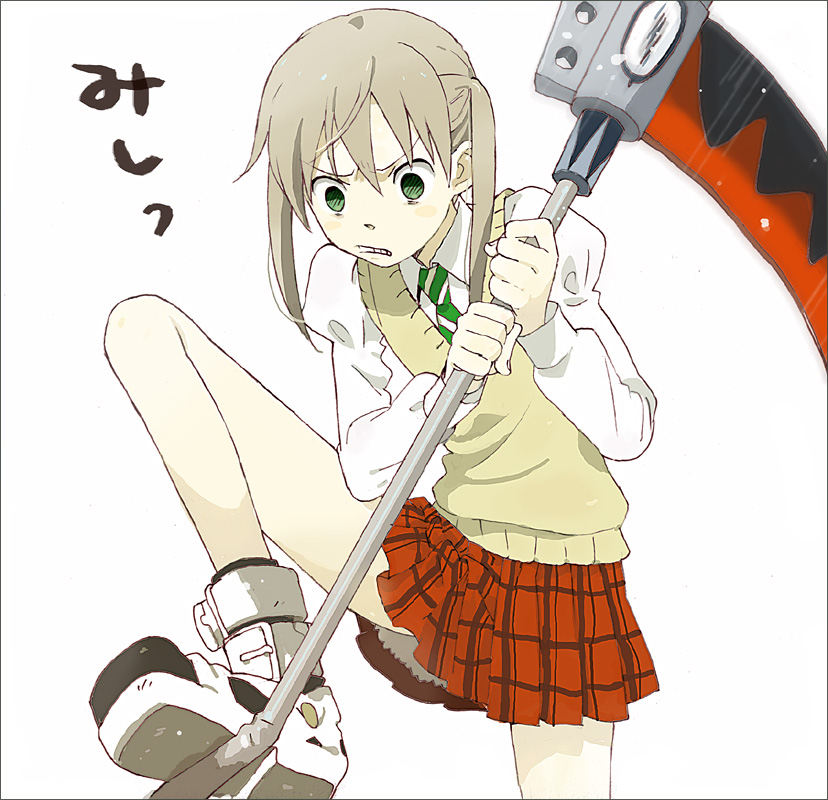 maka albarn, soul evans, soul eater, 00s, 1girl, bend, blonde hair, broken, female focus, green eyes, pain, plaid clothes, plaid skirt, scythe, skirt, solo, twintails, weapon