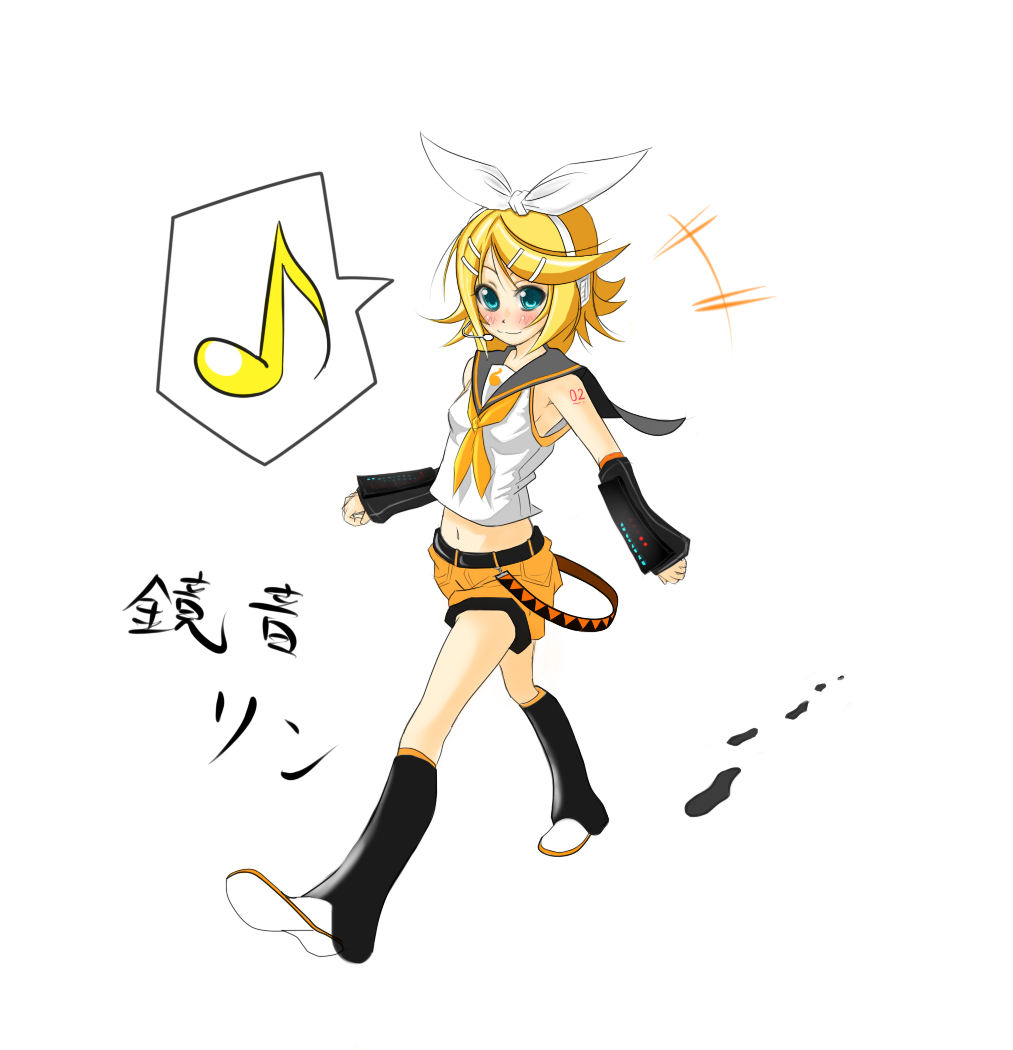 lululu0709, rururu, kagamine rin, vocaloid, bad id, bad pixiv id, 1girl, arm warmers, bare shoulders, blonde hair, blue eyes, character name, detached sleeves, female focus, footprints, hair ornament, hairclip, midriff, musical note, quaver, ribbon, short hair, shorts, solo, speech bubble, spoken musical note