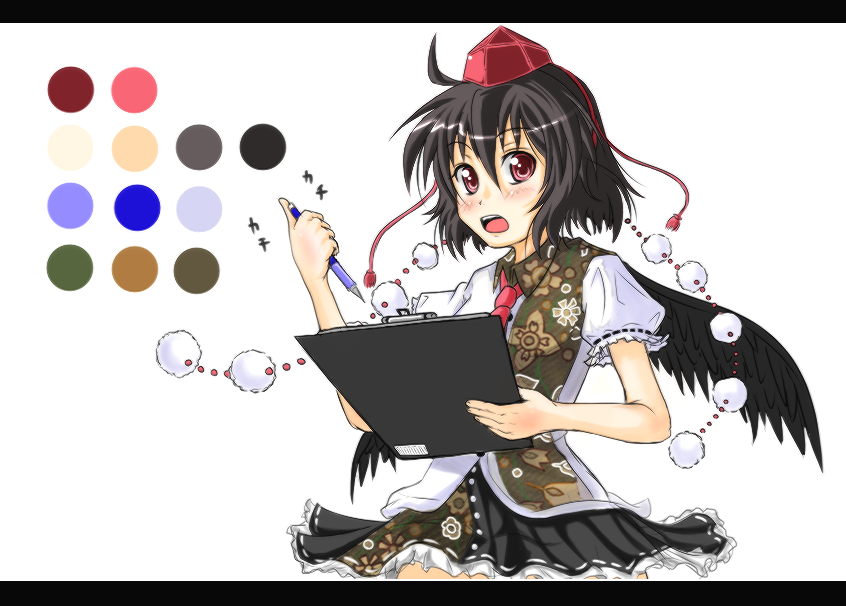 lululu0709, rururu, shameimaru aya, touhou, 1girl, black hair, black wings, clipboard, female focus, hat, looking at viewer, mechanical pencil, open mouth, pencil, red eyes, short hair, skirt, solo, wings