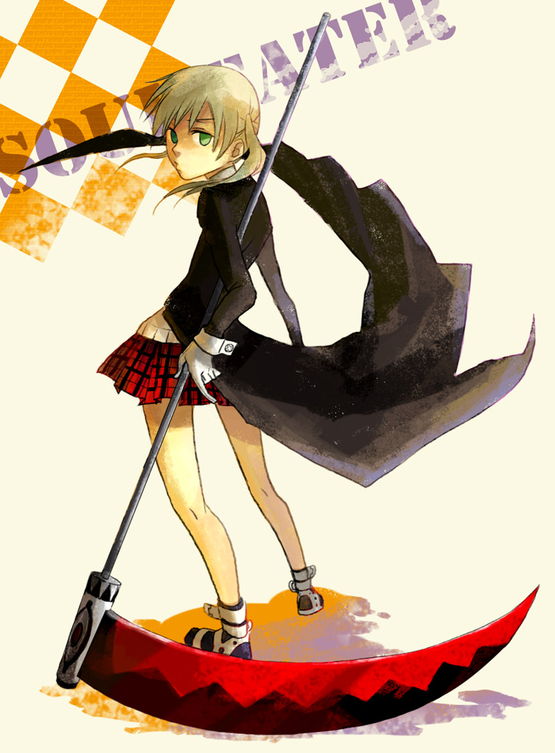 maka albarn, soul eater, 00s, blonde hair, green eyes, plaid clothes, plaid skirt, scythe, skirt, solo, twintails