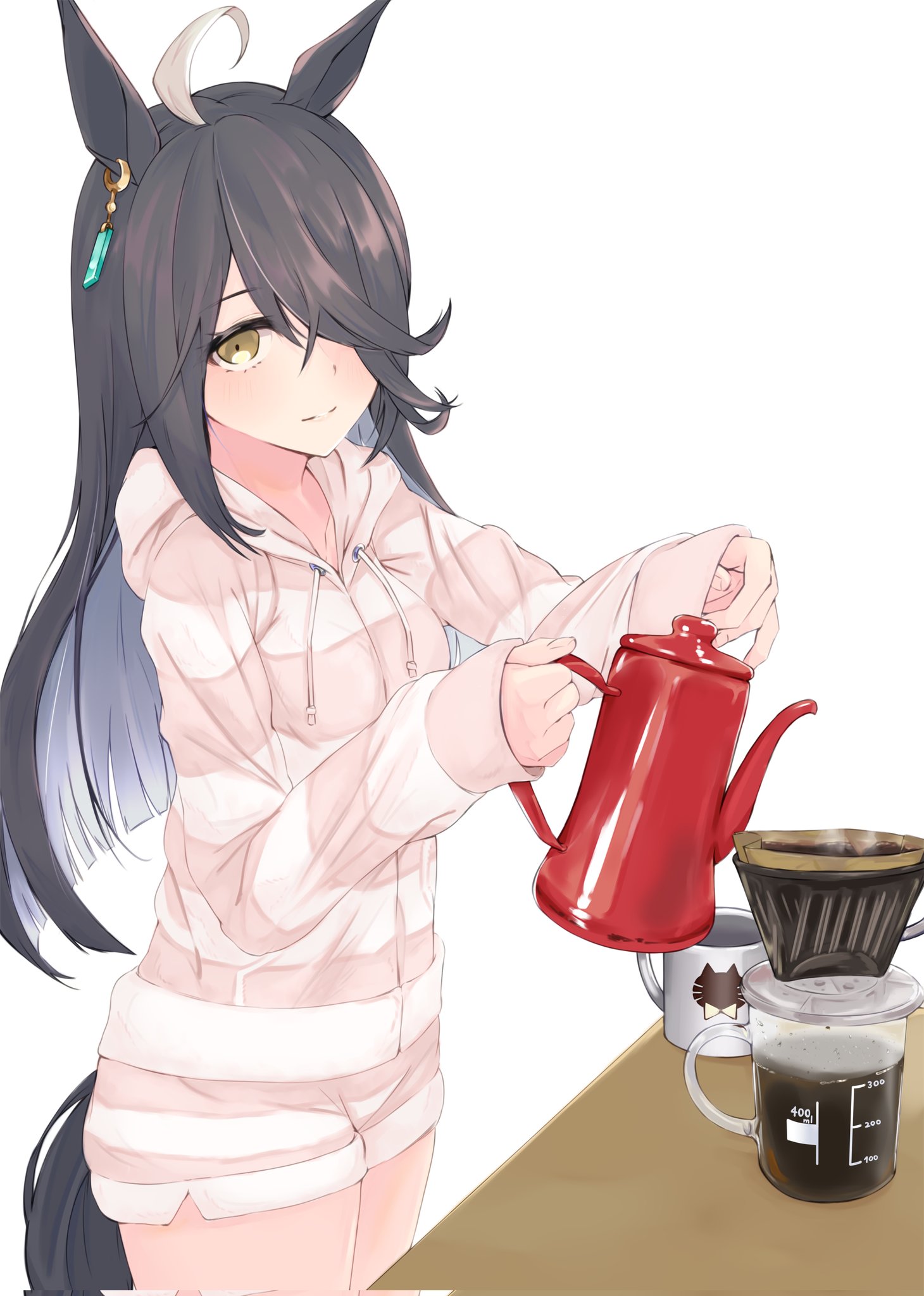 alakoala, manhattan cafe (umamusume), umamusume, commentary request, corrupted twitter file, highres, 1girl, ahoge, alternate costume, animal ear piercing, animal ears, black hair, blush, coffee, collarbone, cup, drawstring, from side, hair over one eye, hood, hood down, hoodie, horse ears, horse girl, horse tail, logo, long hair, looking at viewer, mug, multicolored hair, pajamas, pink hoodie, pink shorts, short shorts, shorts, sidelocks, simple background, sleeves past wrists, smile, solo, standing, streaked hair, striped clothes, striped hoodie, table, tail, thighs, white background, white hair, yellow eyes
