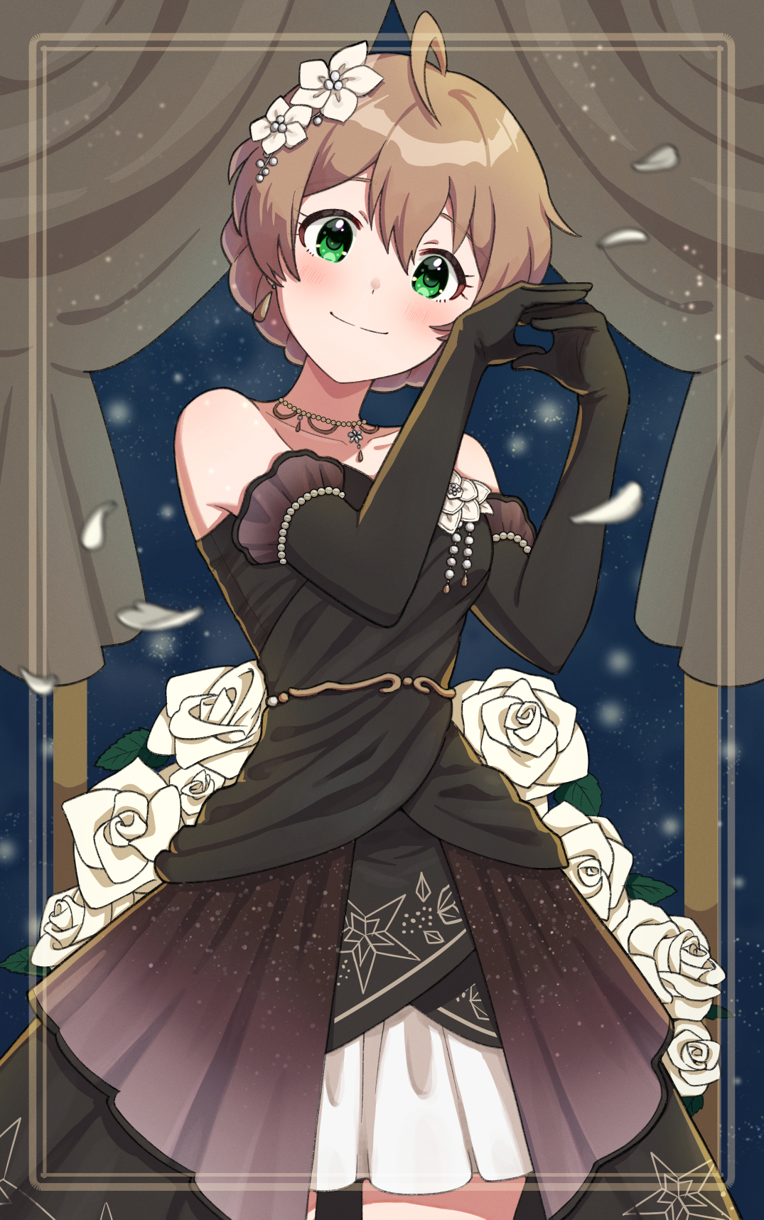 mogukichi aka, sakuramori kaori, idolmaster, idolmaster million live!, idolmaster million live! theater days, commentary request, flower request, highres, partial commentary, 1girl, ahoge, bare shoulders, bead necklace, beads, black dress, black gloves, blue background, blurry, blurry foreground, breasts, brown hair, closed mouth, collarbone, contrapposto, cowboy shot, curtains, dress, earrings, elbow gloves, falling petals, flower, gloves, green eyes, hair between eyes, hair flower, hair ornament, hands up, head tilt, high-low dress, inset border, jewelry, light particles, looking at viewer, medium breasts, multicolored dress, necklace, official alternate costume, official alternate hairstyle, own hands together, petals, rose, short hair, smile, solo, split mouth, standing, star (symbol), star print, strapless, strapless dress, turning head, updo, white flower, white rose