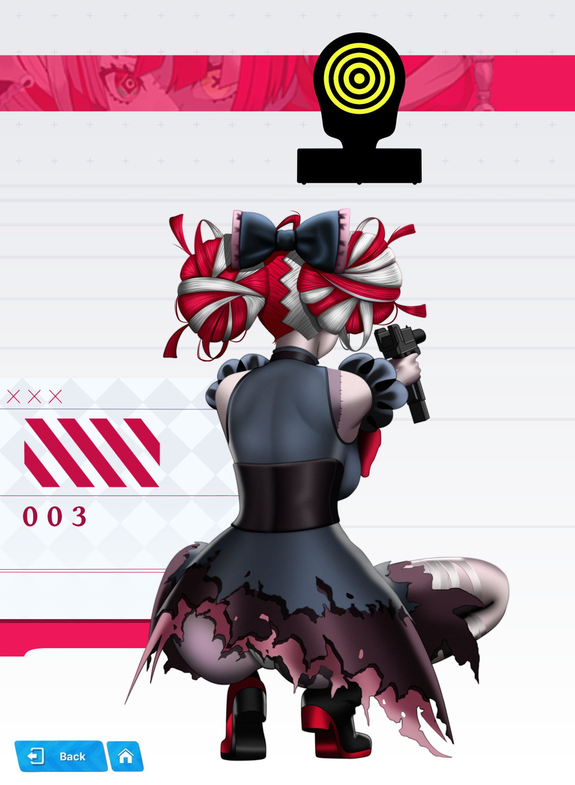 blackcapbandit, kureiji ollie, kureiji ollie (1st costume), goddess of victory: nikke, hololive, hololive indonesia, highres, 1girl, ass, bandaged leg, bandages, black bow, black dress, bow, colored skin, double bun, dress, grey skin, gun, hair bow, hair bun, holding, holding gun, holding weapon, meme, nikke's shooting pose (meme), panties, patchwork skin, red hair, solo, squatting, stitched torso, stitches, target, underwear, virtual youtuber, weapon, white hair, white panties, zombie