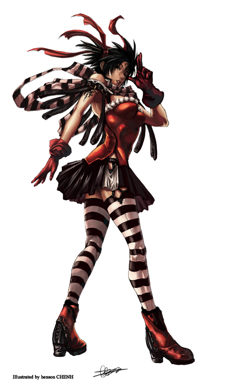 shonensan, 1girl, black hair, boots, female focus, gloves, goth fashion, scarf, short hair, simple background, skirt, solo, striped clothes, striped scarf, striped thighhighs, thighhighs, white background